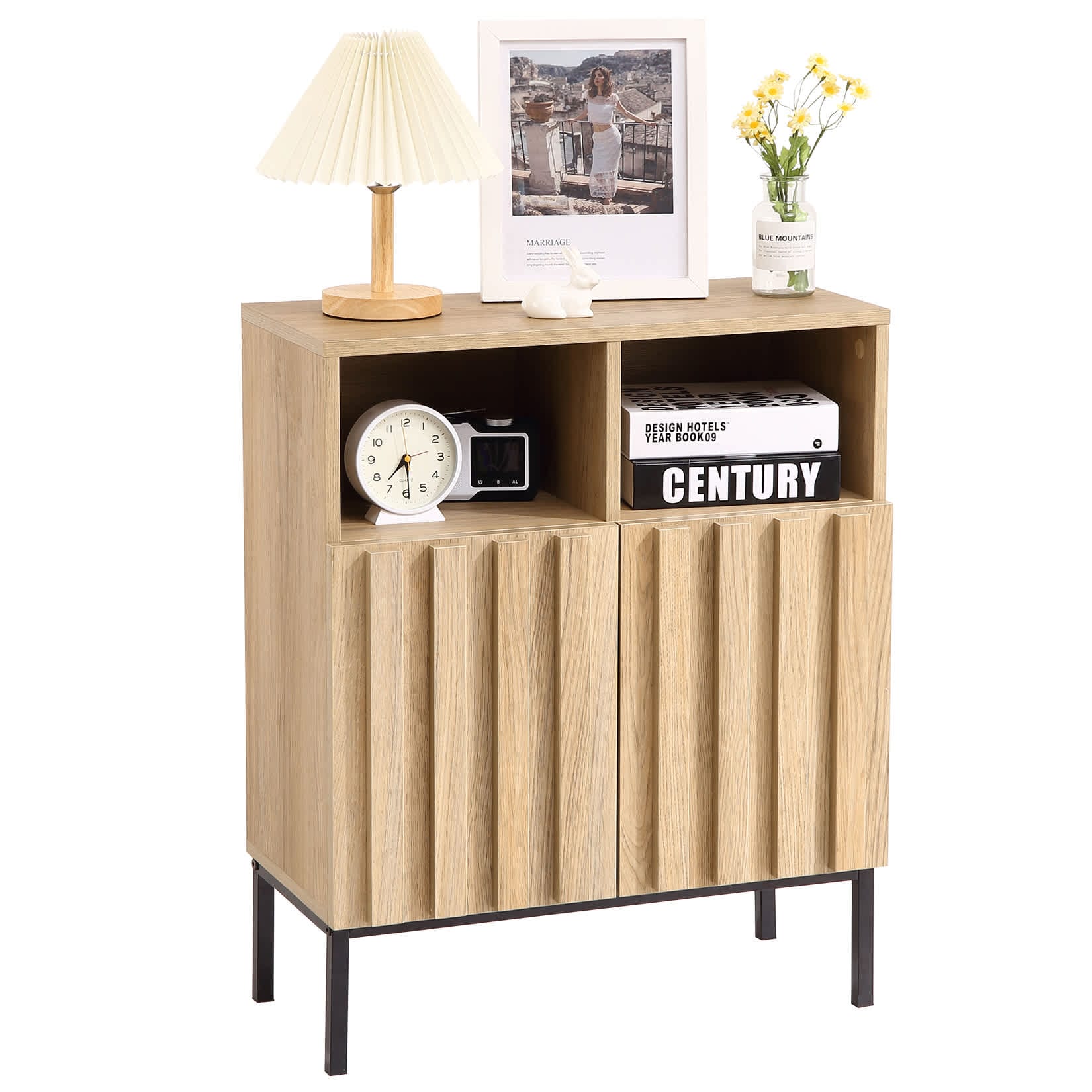 Qeetex JXNAG-PHO-10TGBFMW Storage Cabinet 2 Doors Modern Industrial Sideboard Buffet Cabinet with Adjustable Shelf Wood Small Storage Cabinet for Living Room Dining Room Hallway Entryway