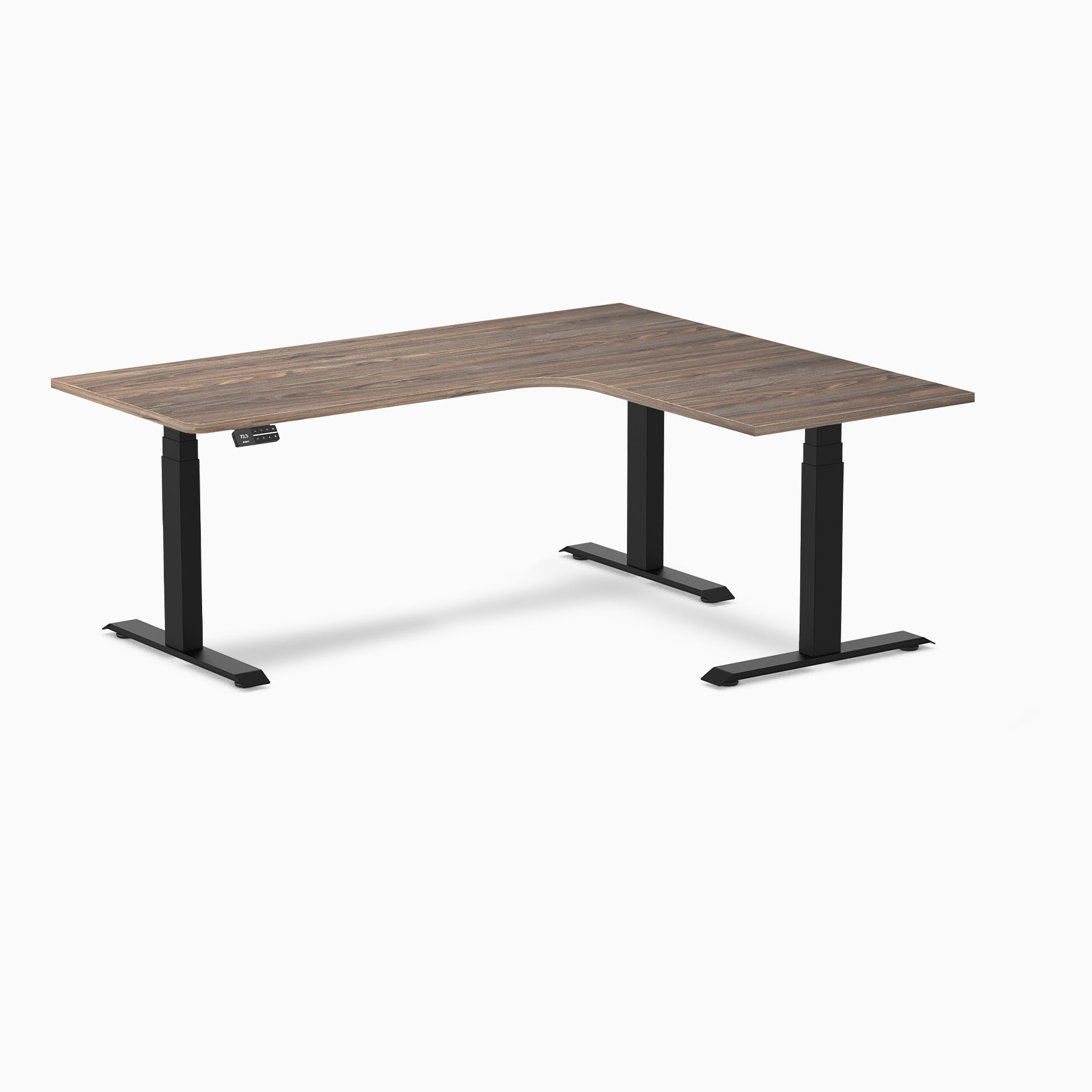 Desky  L-Shape Curved Laminate Sit Stand Desk - Natural Walnut / 71 x 59 Inches - Right Return / Matte Black