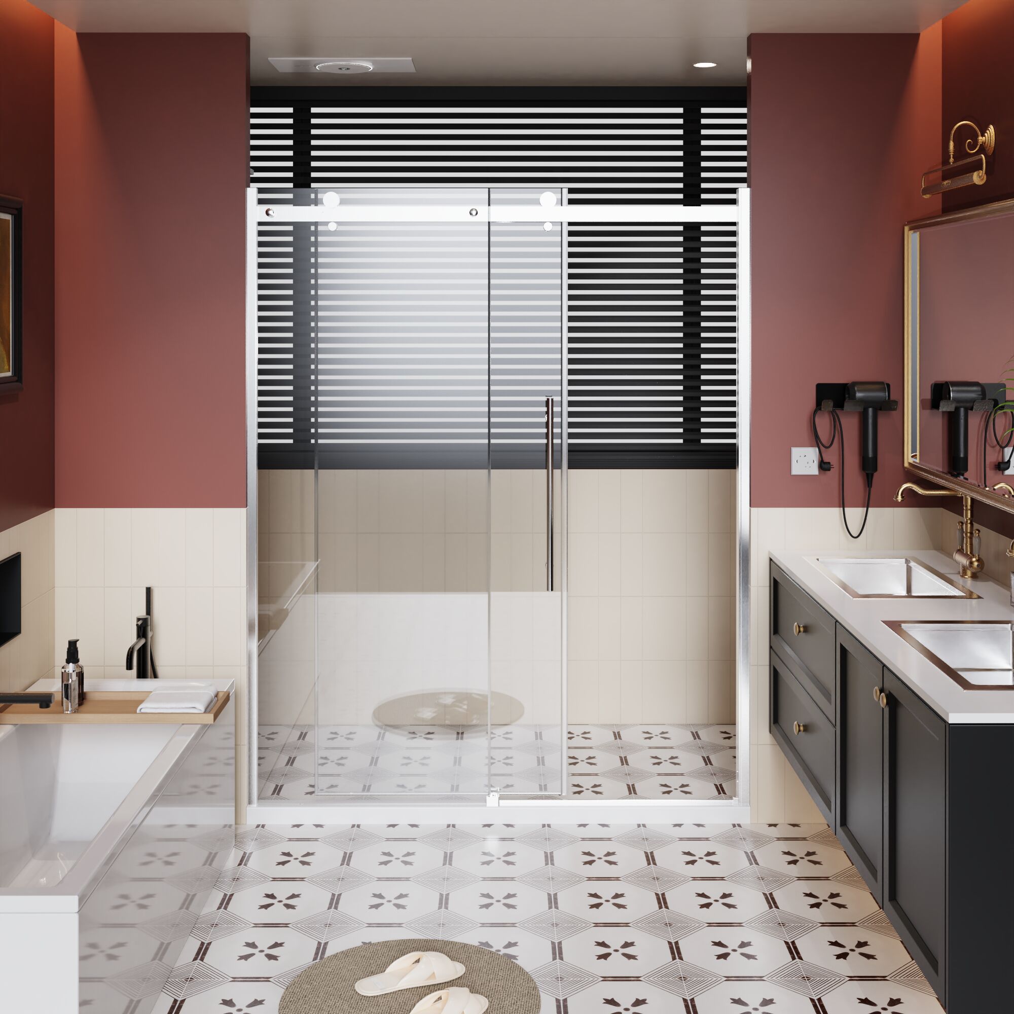 GDFStudio 58-60 in. W x 72 in. H Modern Frameless 1/4 in. (6mm) Tempered Glass Single Sliding Shower Door with Roller Rail System and Stainless Steel Handle - Chrome