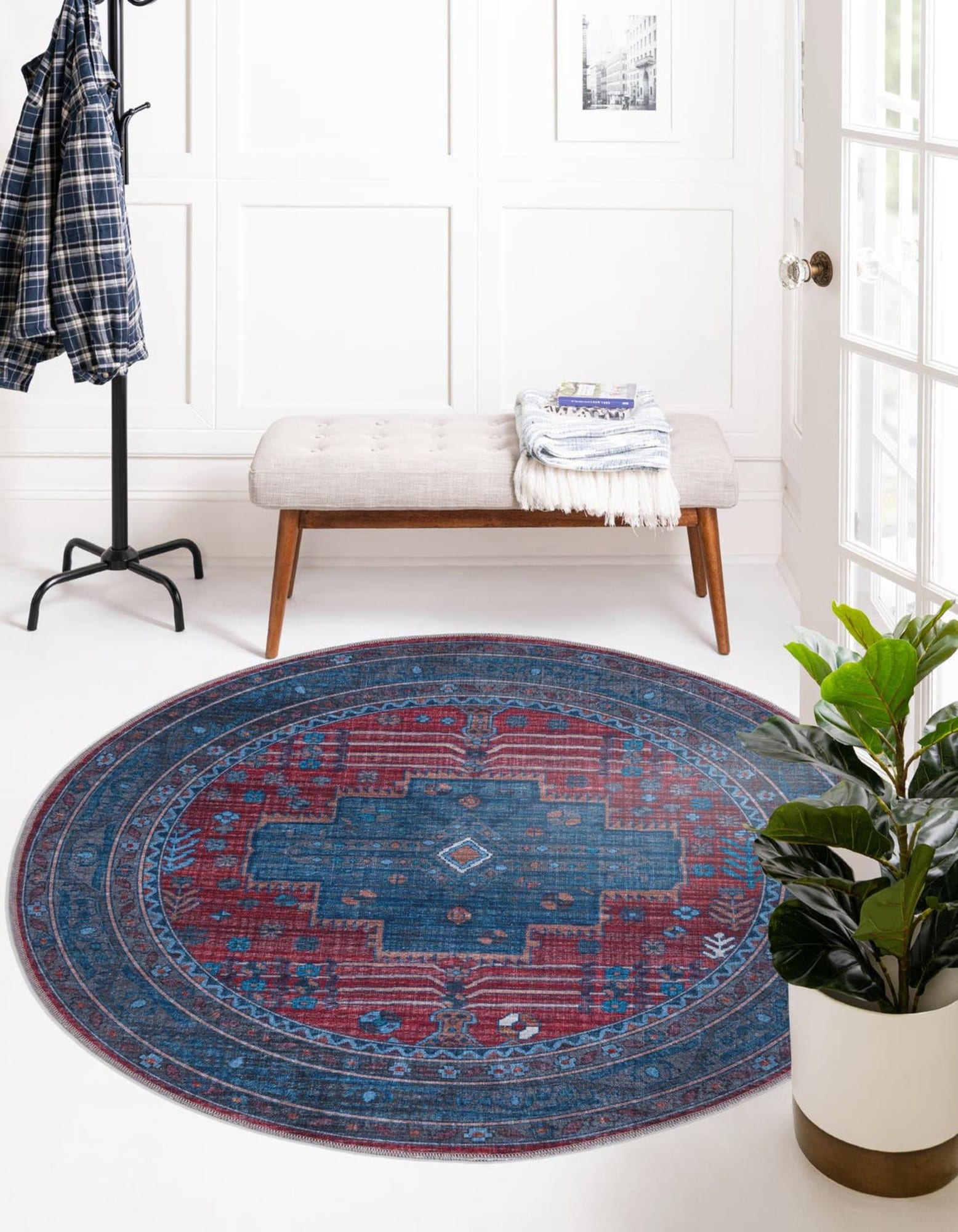 Unique Loom Mangata Molly Red and Blue 7 ft. Round Machine Washable Area Rug