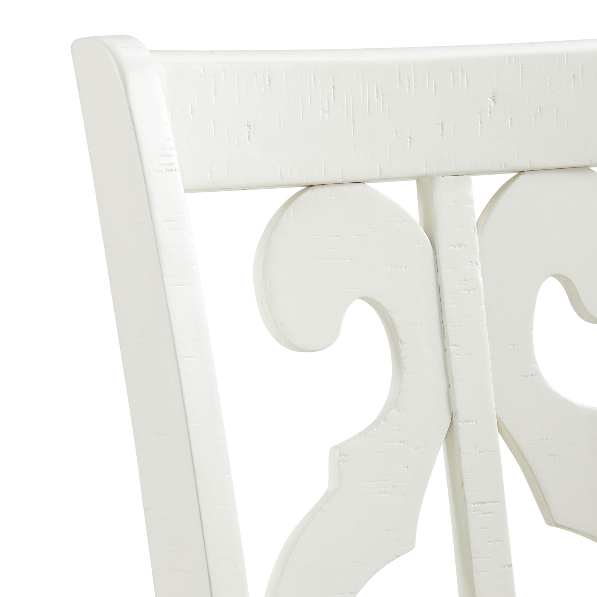 Elegant White Wooden Side Chair with Swirl Back Design and Upholstered Seat