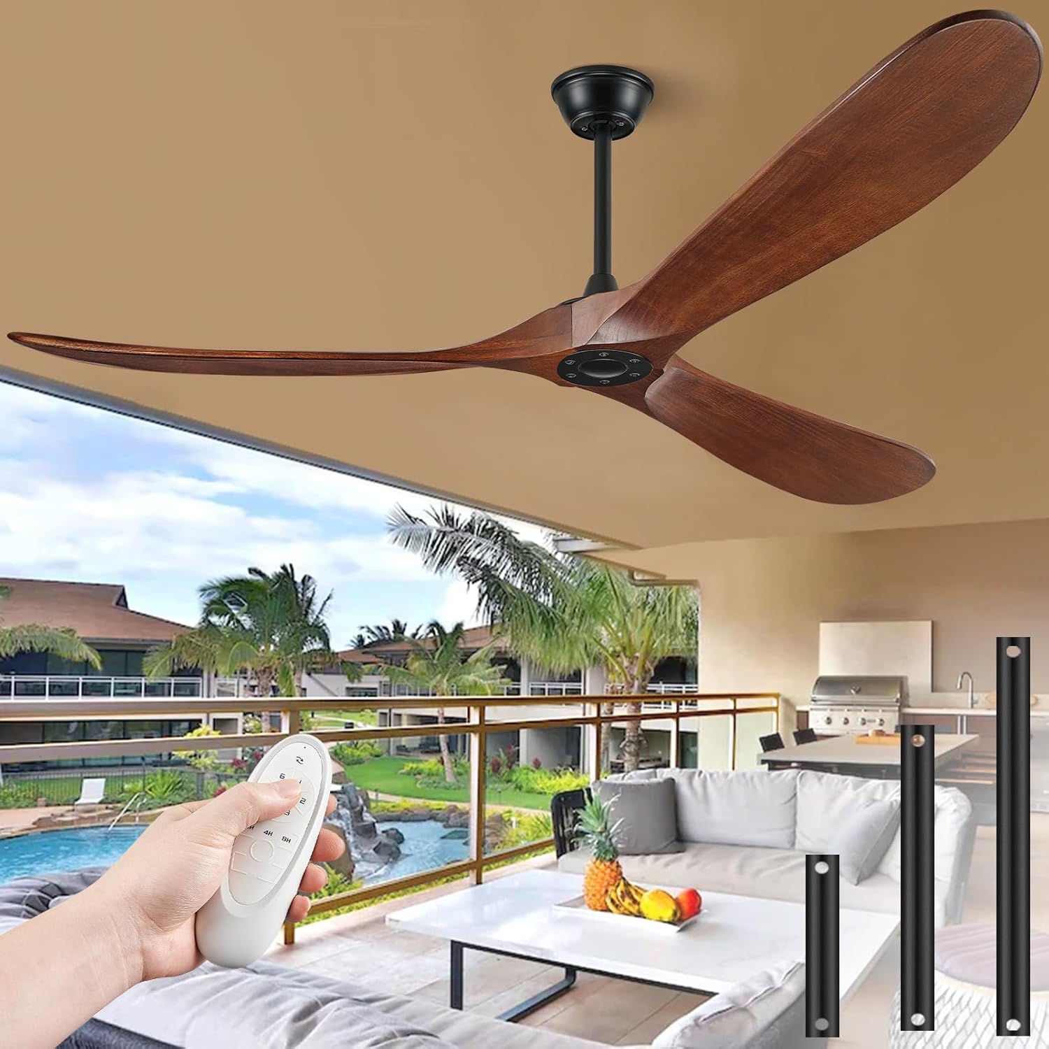 Sevenine Hollcrest 60 in. Matte Black with Walnut Wood Blades Farmhouse Ceiling Fan without Light Wall Switch and Remote Control