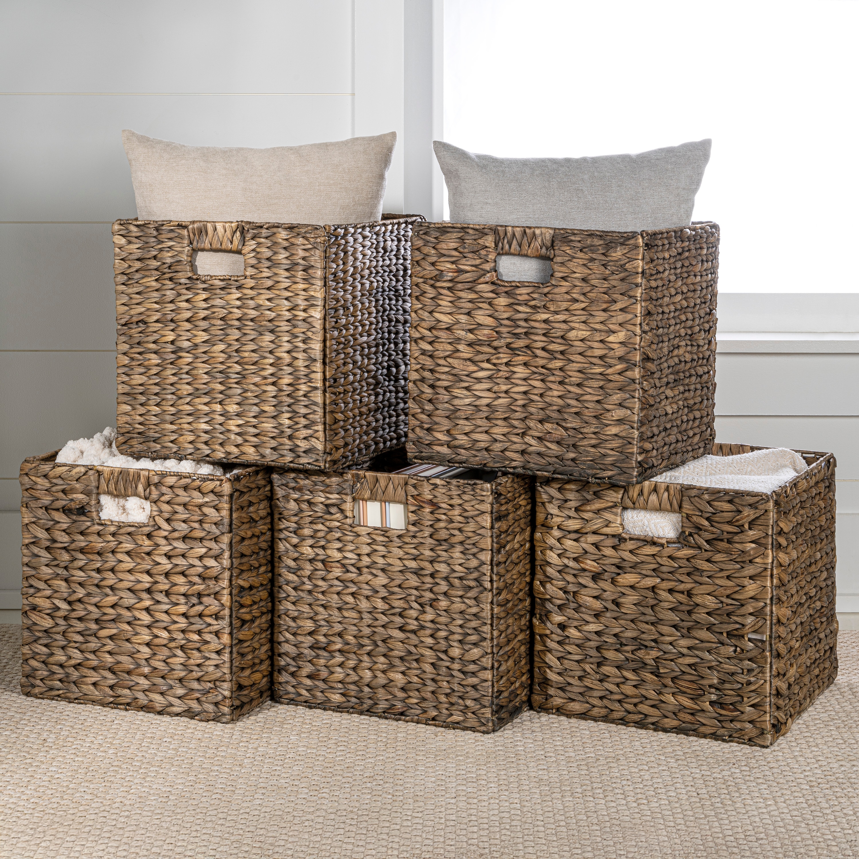 happimess BSK2003B-SET5 5 -Pack Bryce Farmhouse Handwoven Storage Cube ( 12.6-in W x 12.6-in H x 12.6-in D ) Brown Water hyacinth Collapsible Stackable Basket