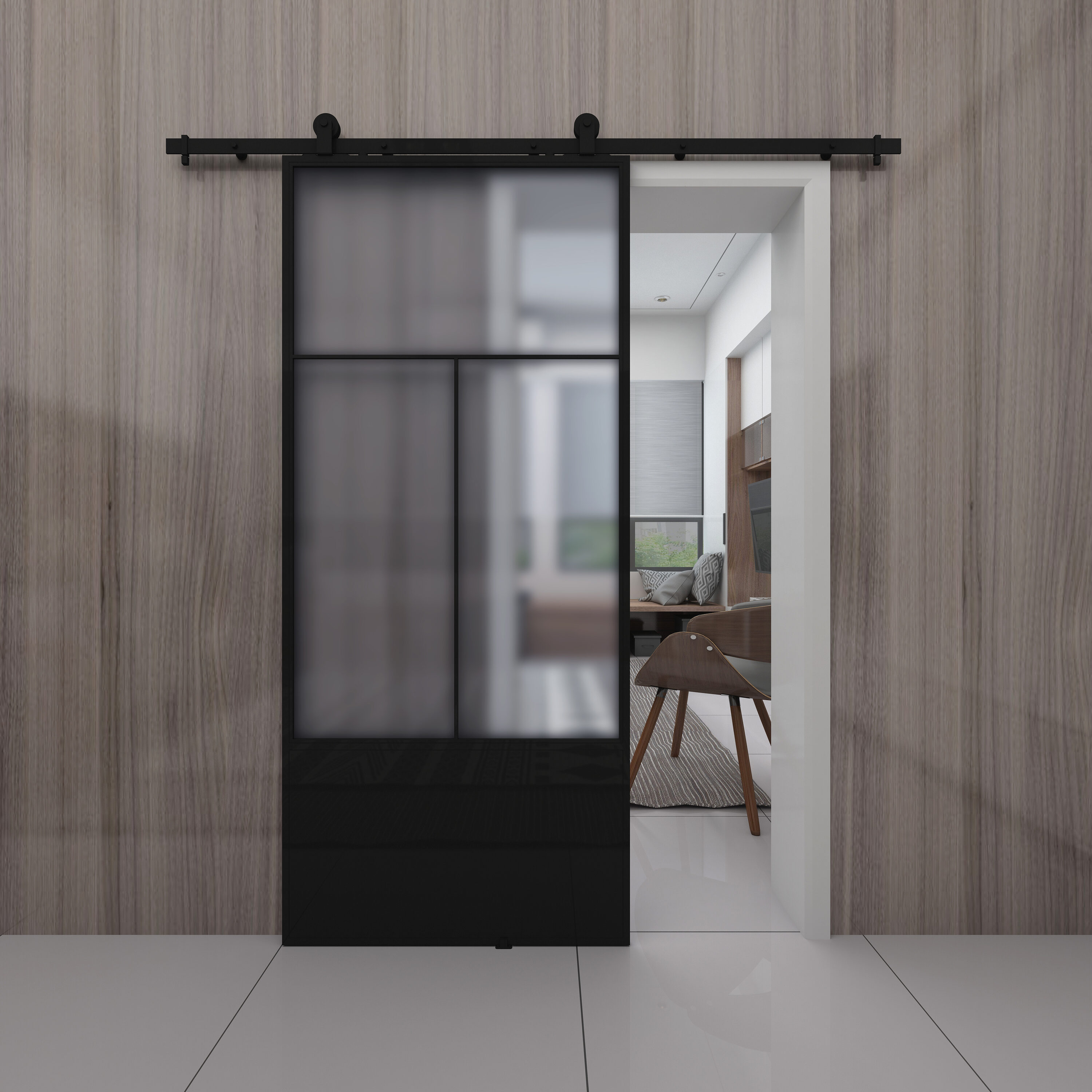 RELIABILT 37-in X 84-in Matte Black Clear Glass Steel Single Barn Door ...