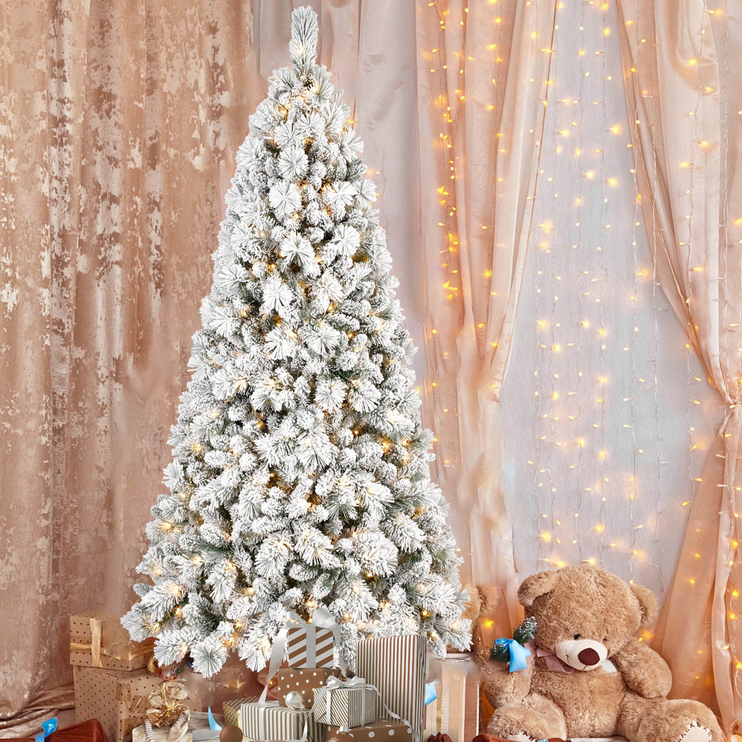 Tinyhomie 6FT Flocked Christmas Tree with 350 Warm White LED Lights 752 Tips Snowy PVC and Hard Needle Branches Hinged Design for Easy Setup Sturdy Metal Stand Full and Realistic Holiday Tree
