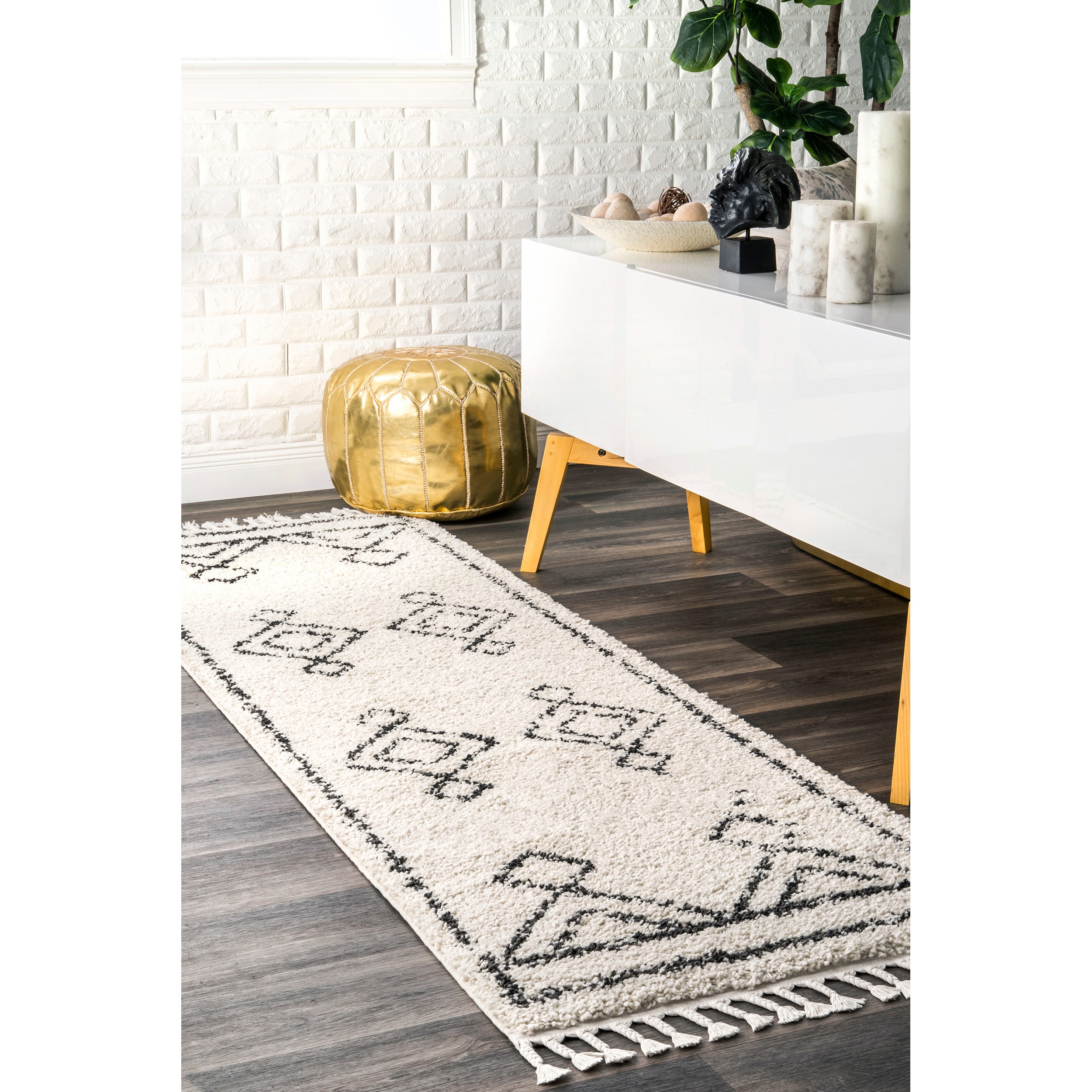 Off-White Moroccan Diamond Shag Runner Rug with Tassels