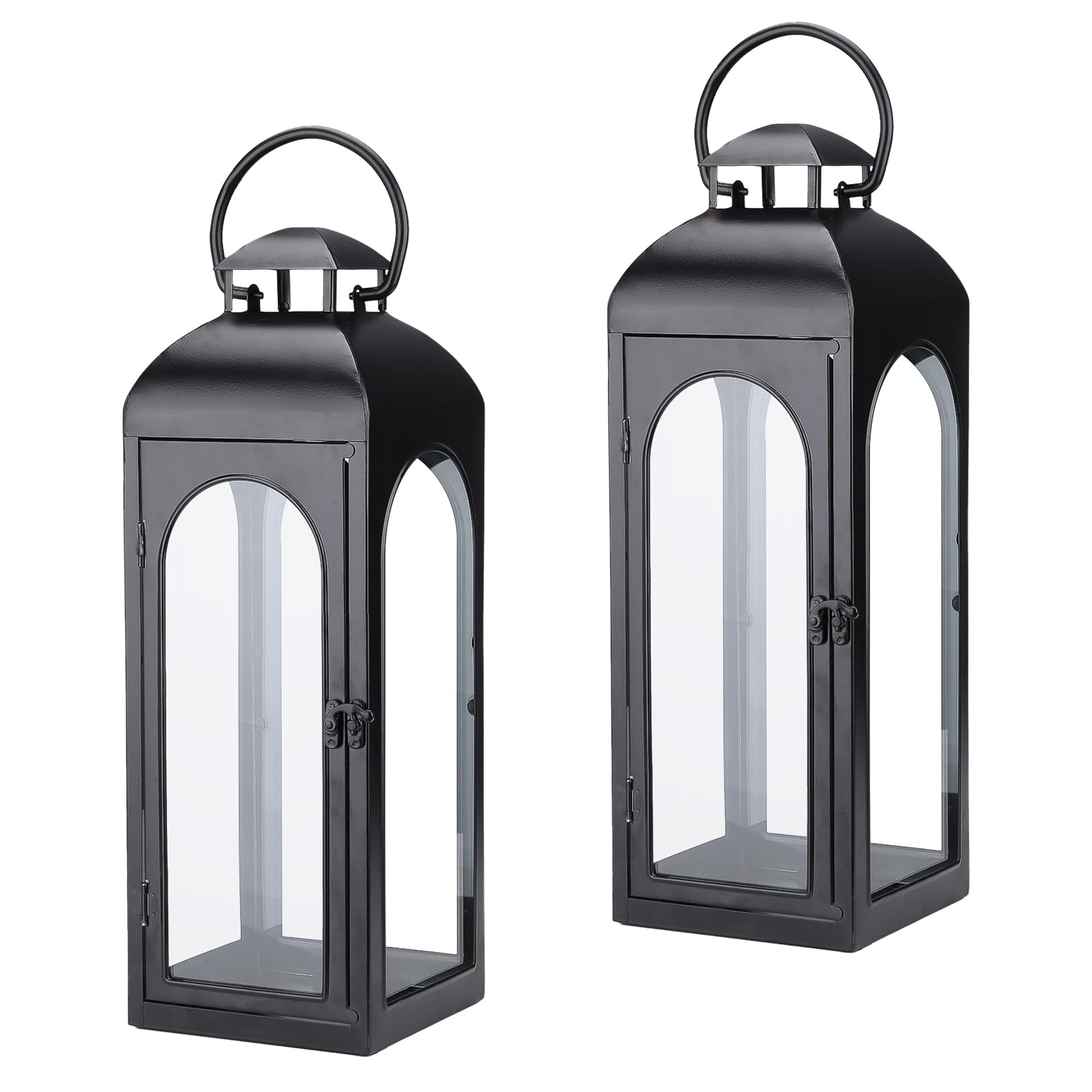 Phewnyzo -  2 pack black metal lanterns 16 inch tall with tempered glass panels for indoor outdoo...