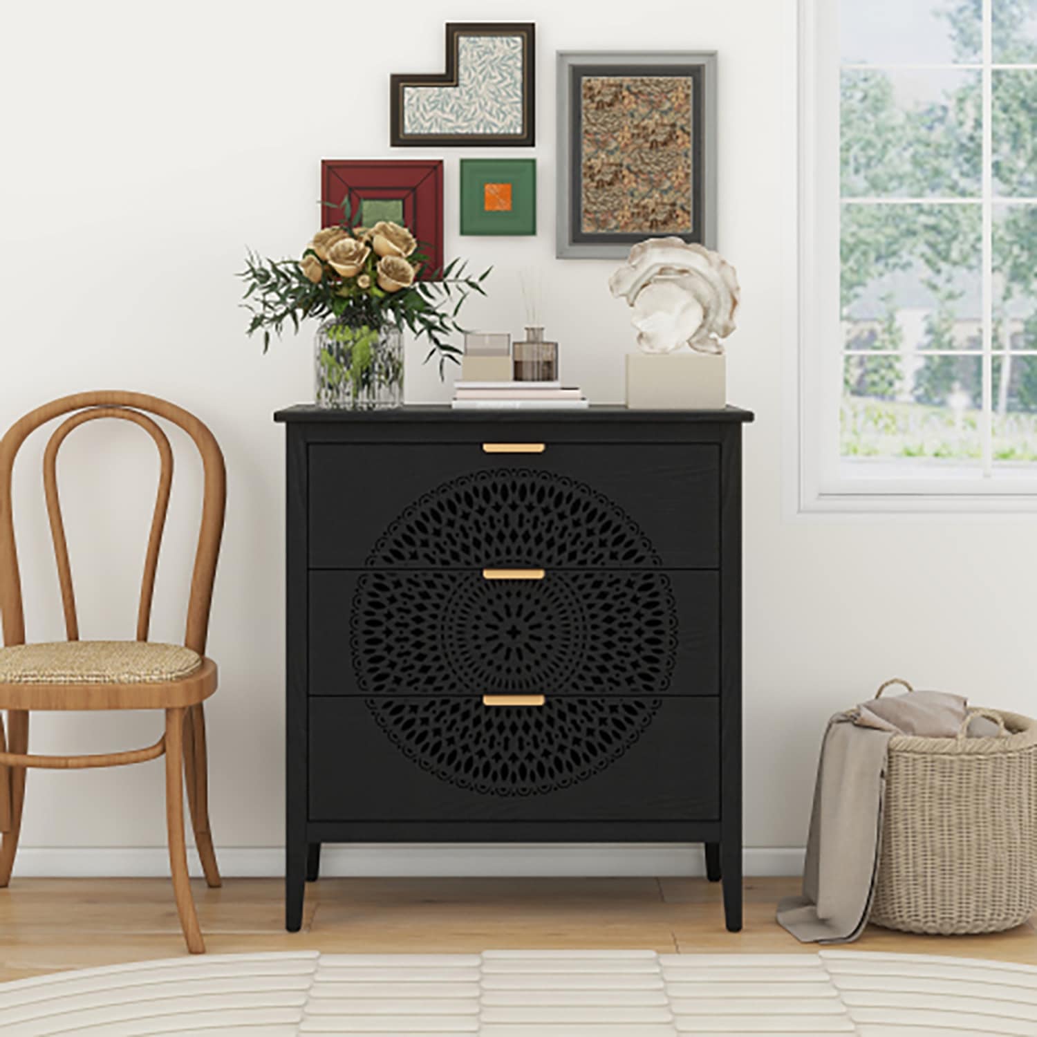 GZMR GZ-MH833428 3 Drawer Cabinet with Hollow-Carved Storage Chest Contemporary/Modern MDF Sideboard