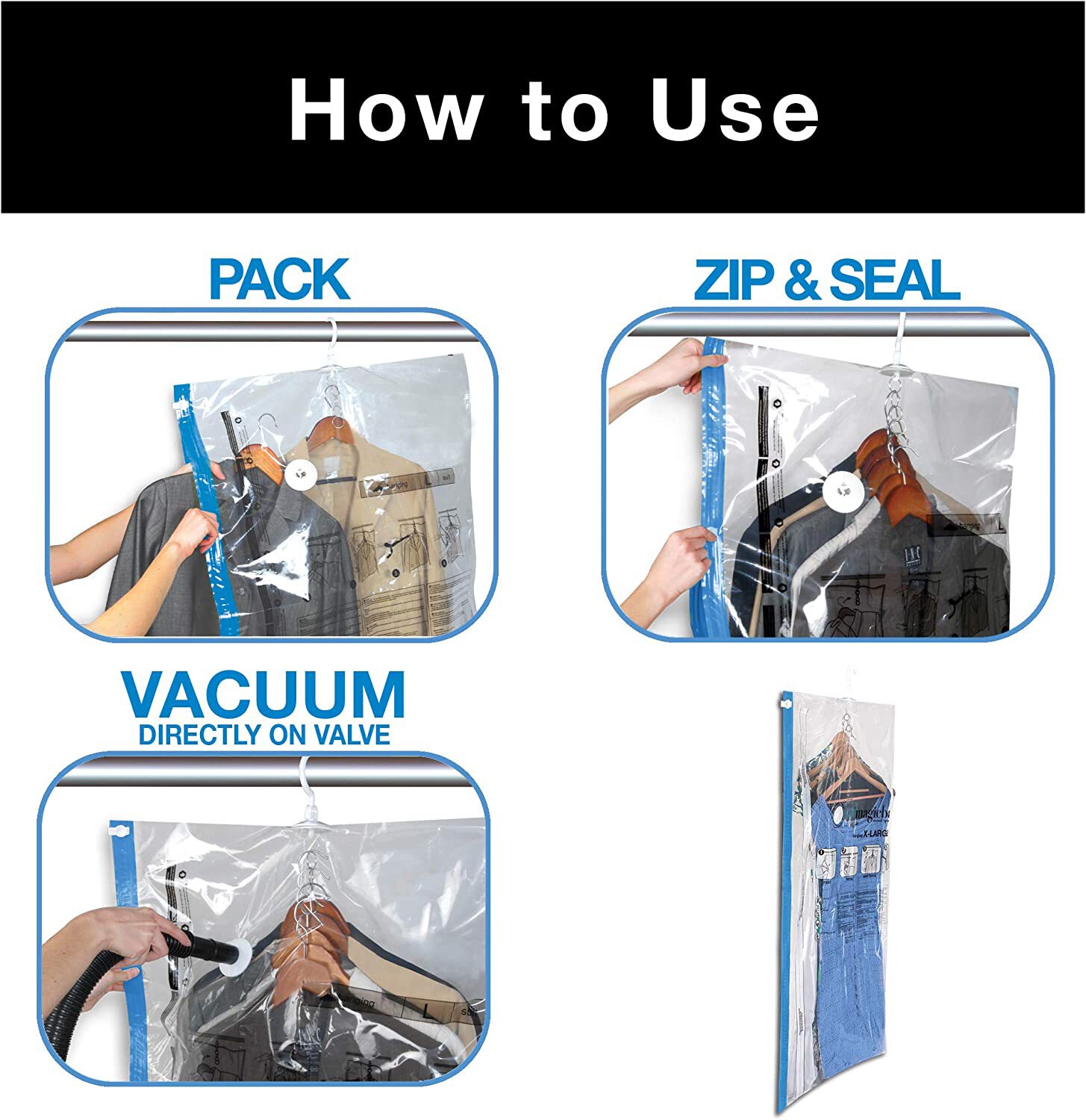 Spacesaver Hanging Vacuum Storage Bags for Coats (Variety 4 Pack) | Vacuum Bag, Closet Organizer, Sealed Storage, Vacuum Sealer