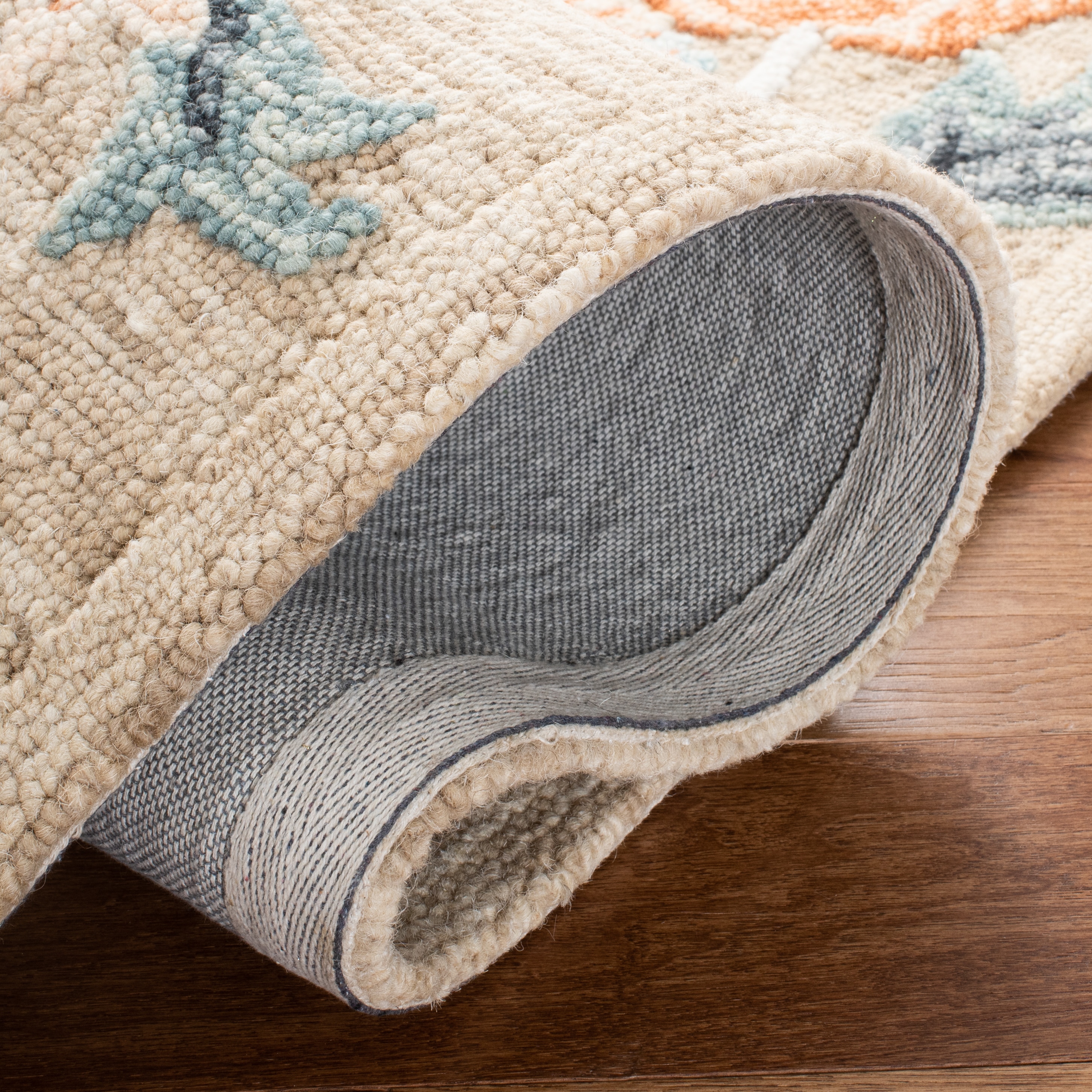 Beige and Blue Floral Hand-Tufted Wool Area Rug, 5' x 8'