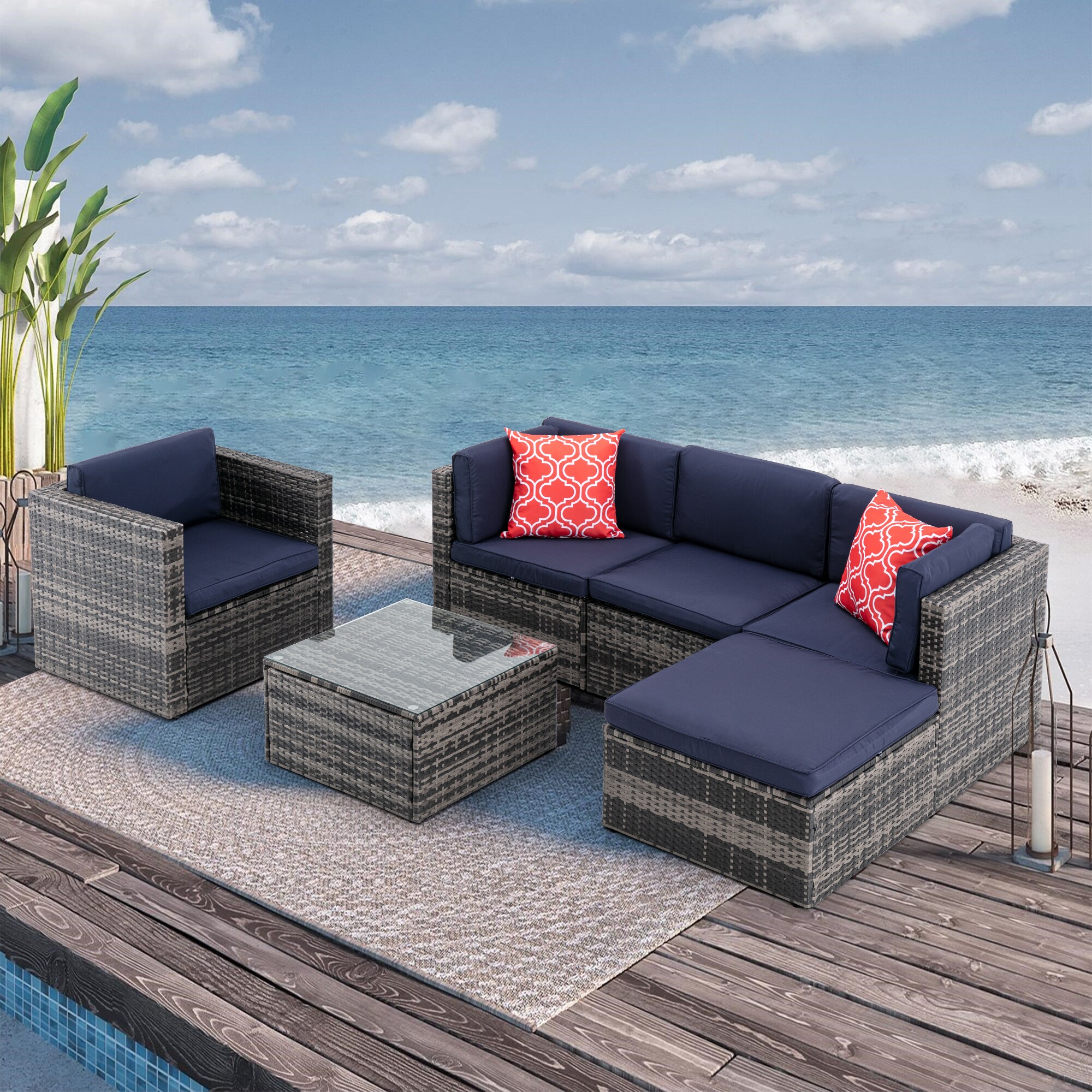 Bayfeve BF-0029HF Patio Furniture PE Rattan Wicker Sectional Cushioned Sofa Set 6 -Piece Wicker 2 Patio Sofa Conversation Set with Blue Cushions