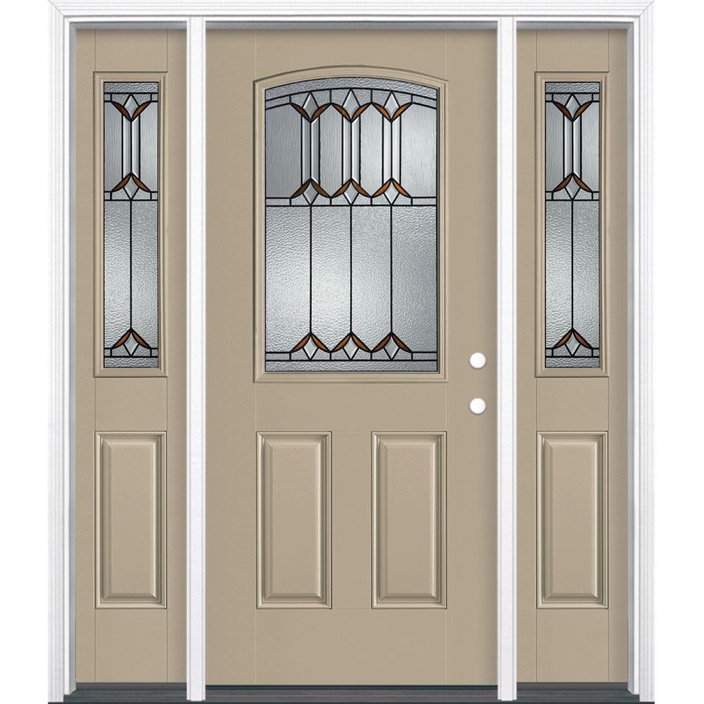 Masonite 897863 Park Hill 64-in x 80-in Fiberglass Half Lite Left-Hand Inswing Sandy Shore Painted Single Front Door with Sidelights with Brickmould Insulating Core
