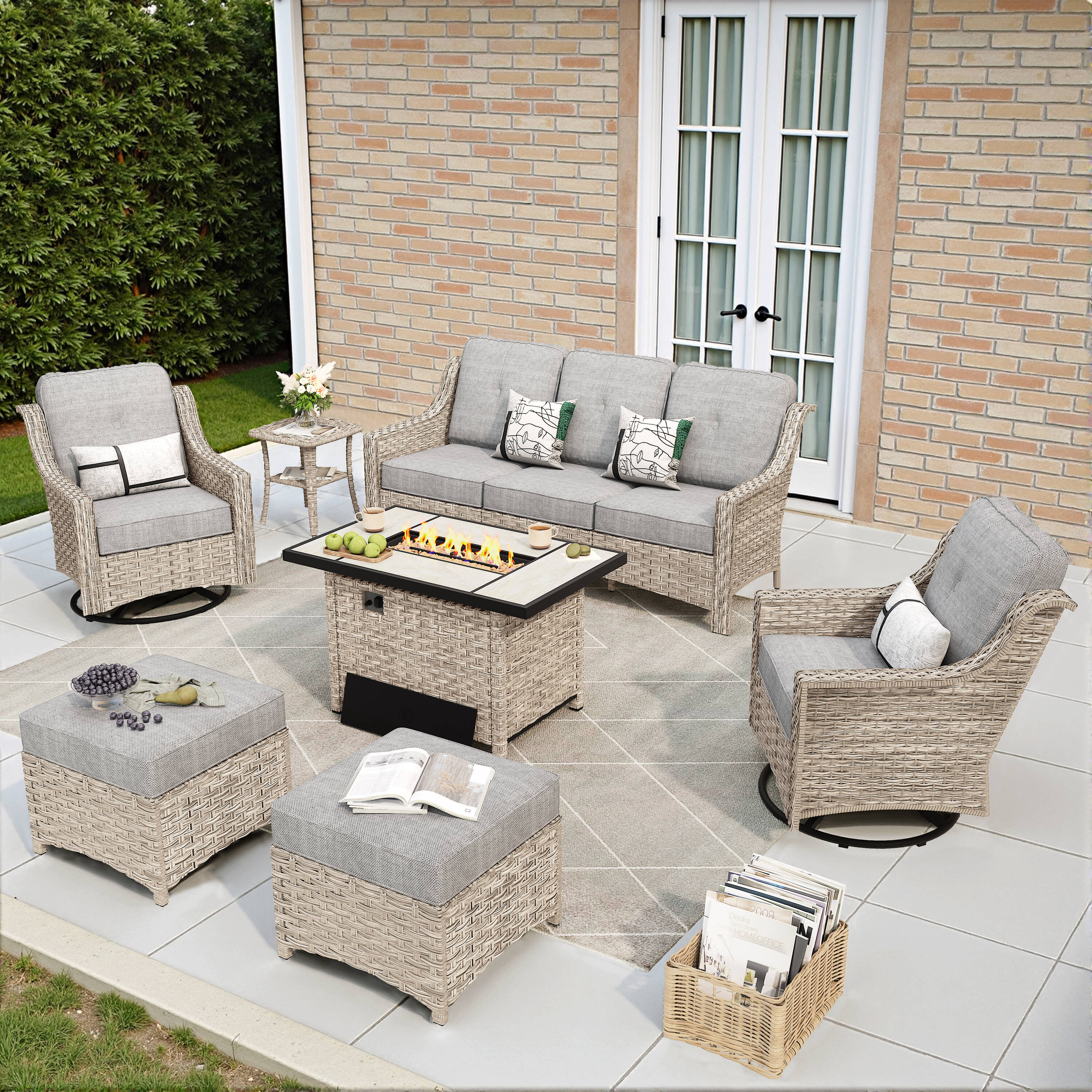 weaxty HMBCFP-YZPAD2072 Aireno 7 -Piece Rattan Patio Sofa Conversation Set with Gray Cushions