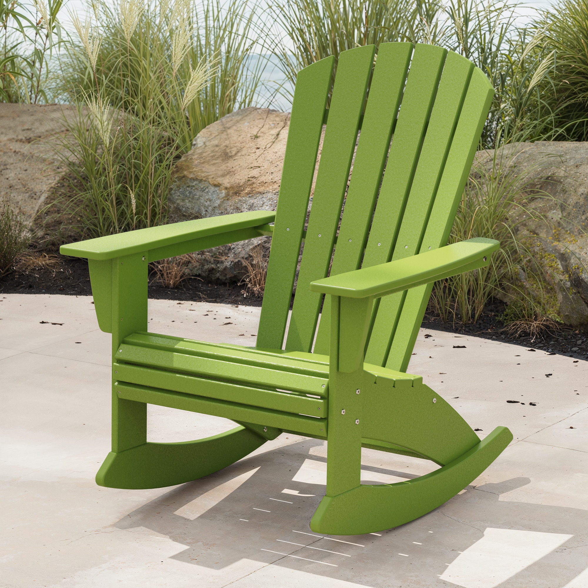 POLYWOOD ADR610LI Nautical Lime Plastic Frame Rocking Chair with Slat Seat