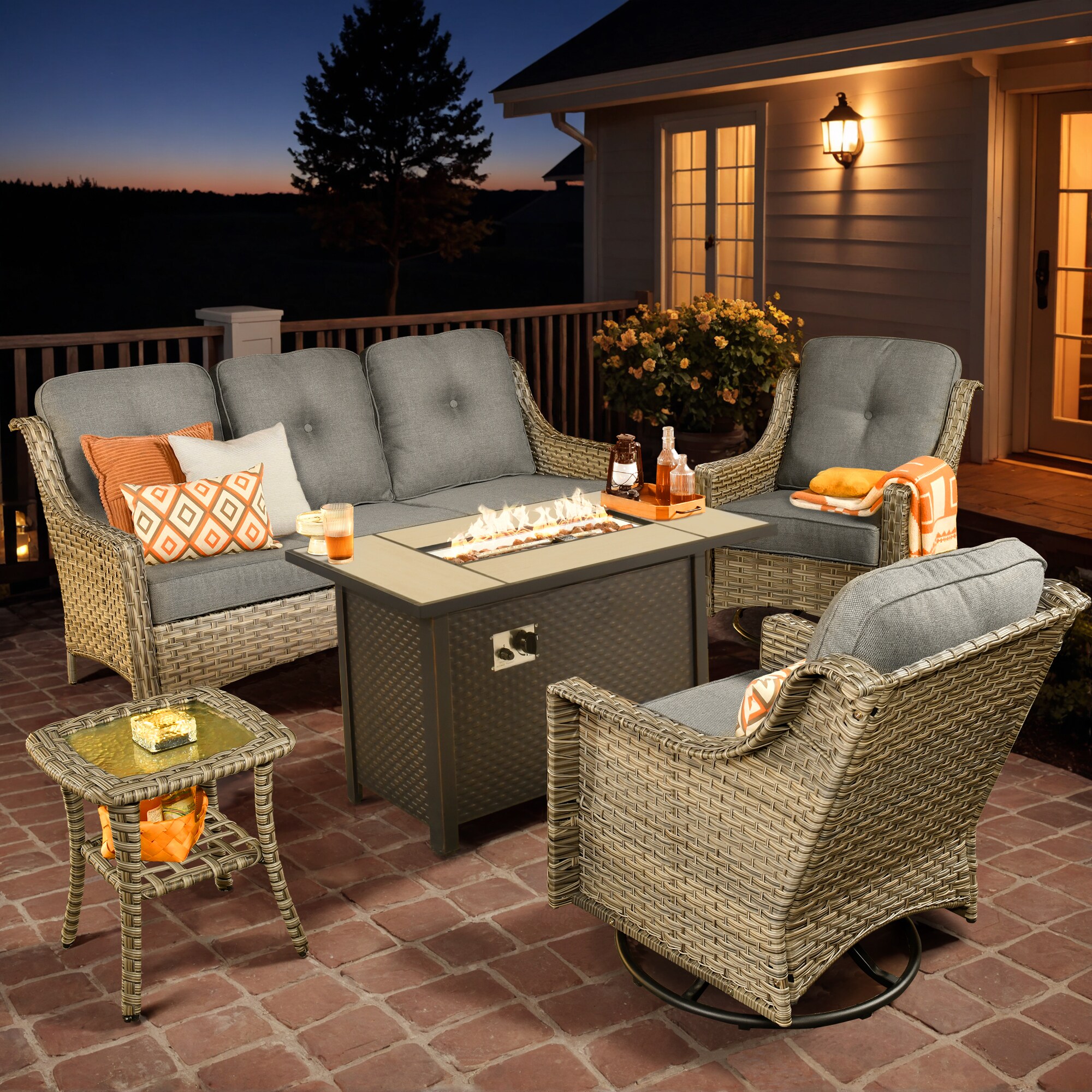 Ovios RFP03PD2-4Y 5 -Piece Rattan Patio Sofa Conversation Set with Dark Gray Cushions