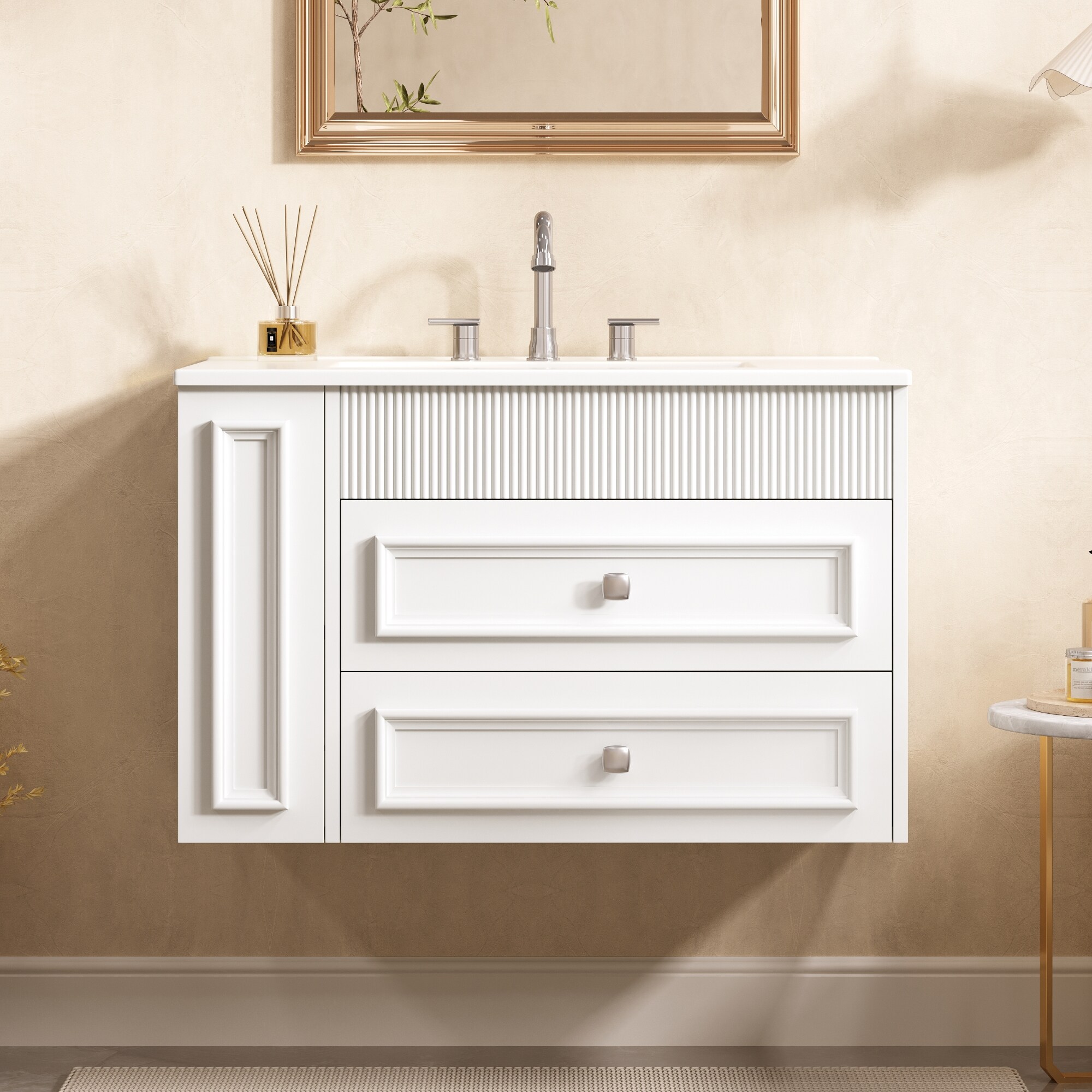 Tatayosi RY-P334915K 30 inches Wall Mounted Bathroom Vanity Floating Bathroom Storage Cabinet with 2 Drawers 3 Holes Single Ceramic Sink Modern Cabinet