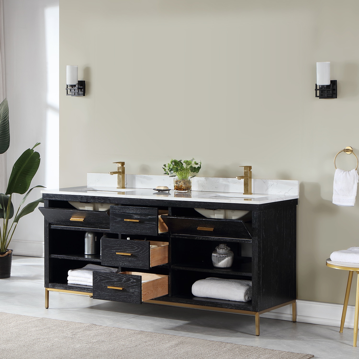 Kesia 72" Black Oak Double Vanity with White Stone Countertop