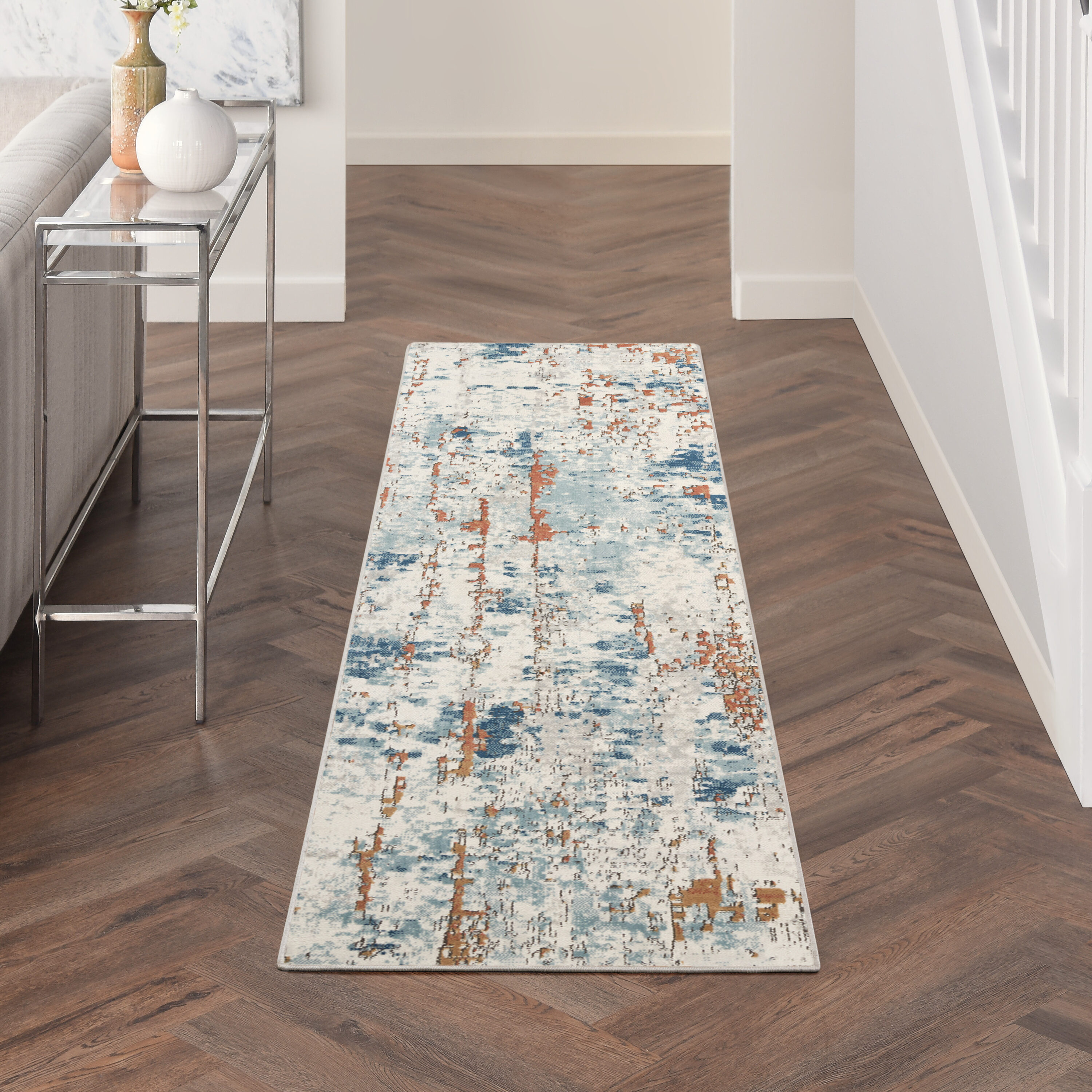 Nourison Home 099446941763 2 x 7 (ft) Loomed Beige Blue Rust Rectangular Indoor Abstract Rustic Runner rug