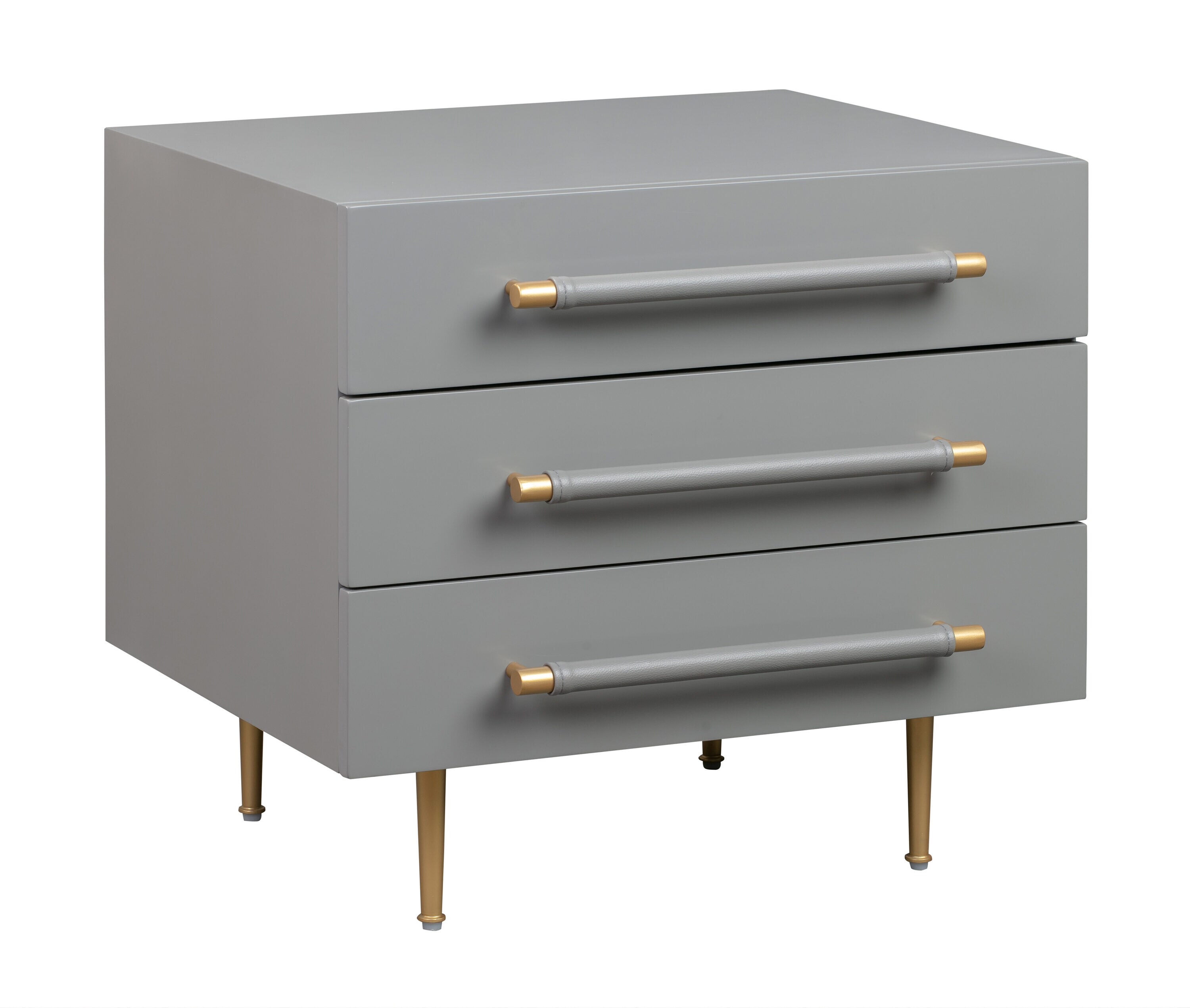 Gray 3-Drawer Nightstand with Brass Accents