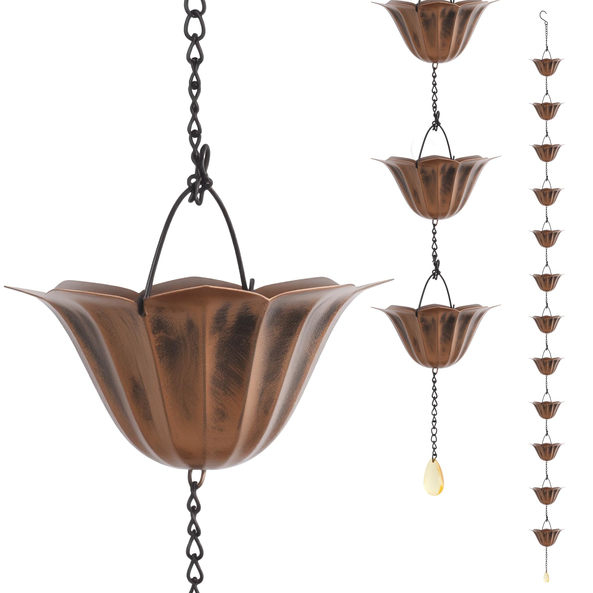 Phewnyzo  9FT Lotus Rain Chain with 12 Cups Adjustable Rain Catcher Chain with Bell for Eaves Drainage Replacement for Downspout