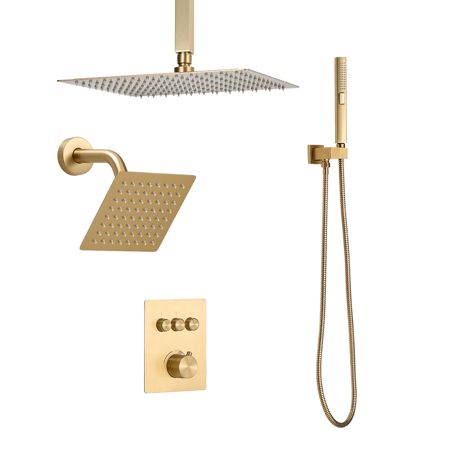 VEVOR Shower Faucet Set  12 Inch Thermostatic Ceiling Mount Rainfall Shower System with 6 Inch Wall Mount Head and 2 in 1 Handheld Spray  3-Function Dual Rain Head Brass Valve Trim Kit  Brushed Gold