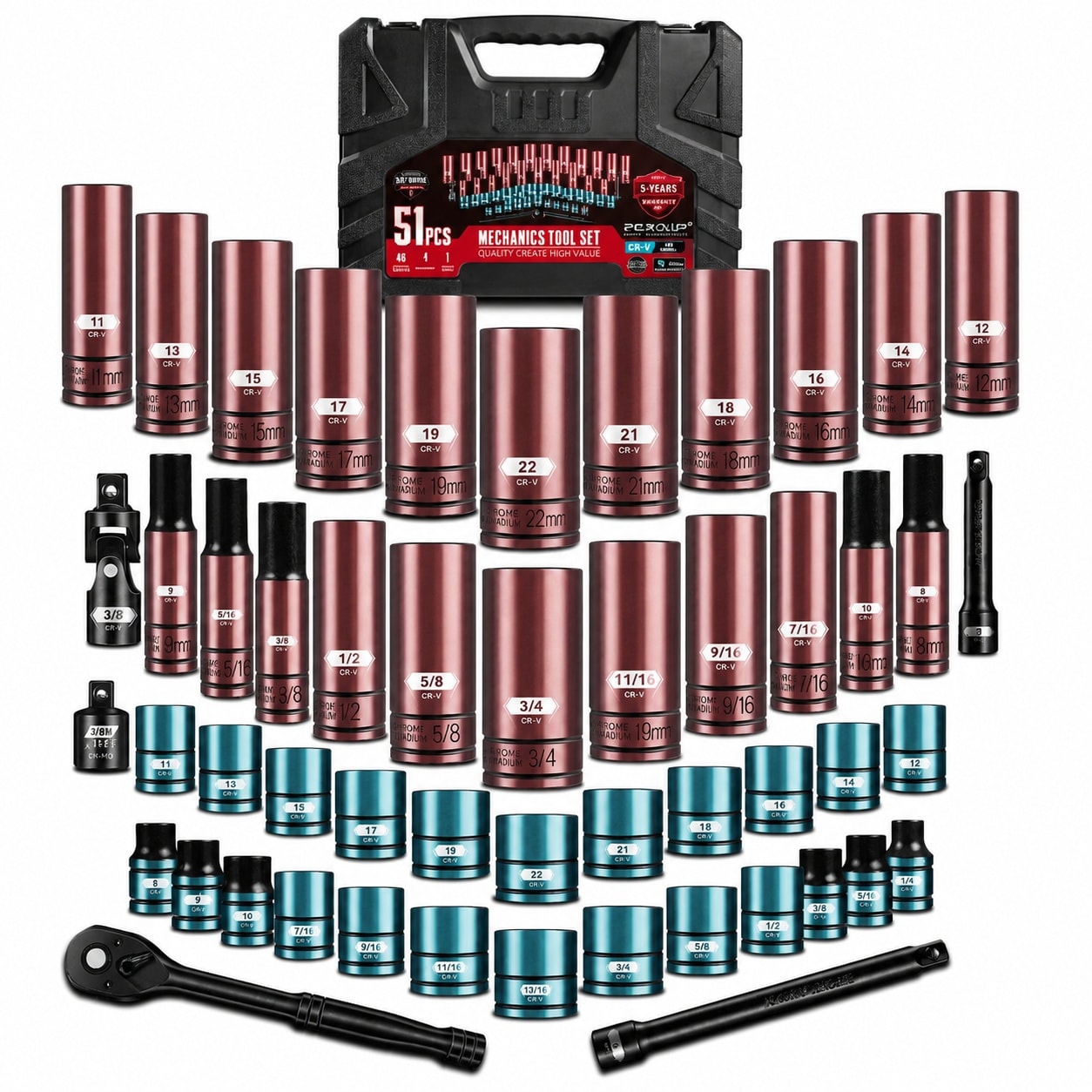 UUDULY  51 Piece 3 8 Inch Drive Socket Set SAE 1 Quarter to 13 Sixteenth Inch Metric 8mm to 22mm Deep Shallow Six Point CRV Ratchet Wrench