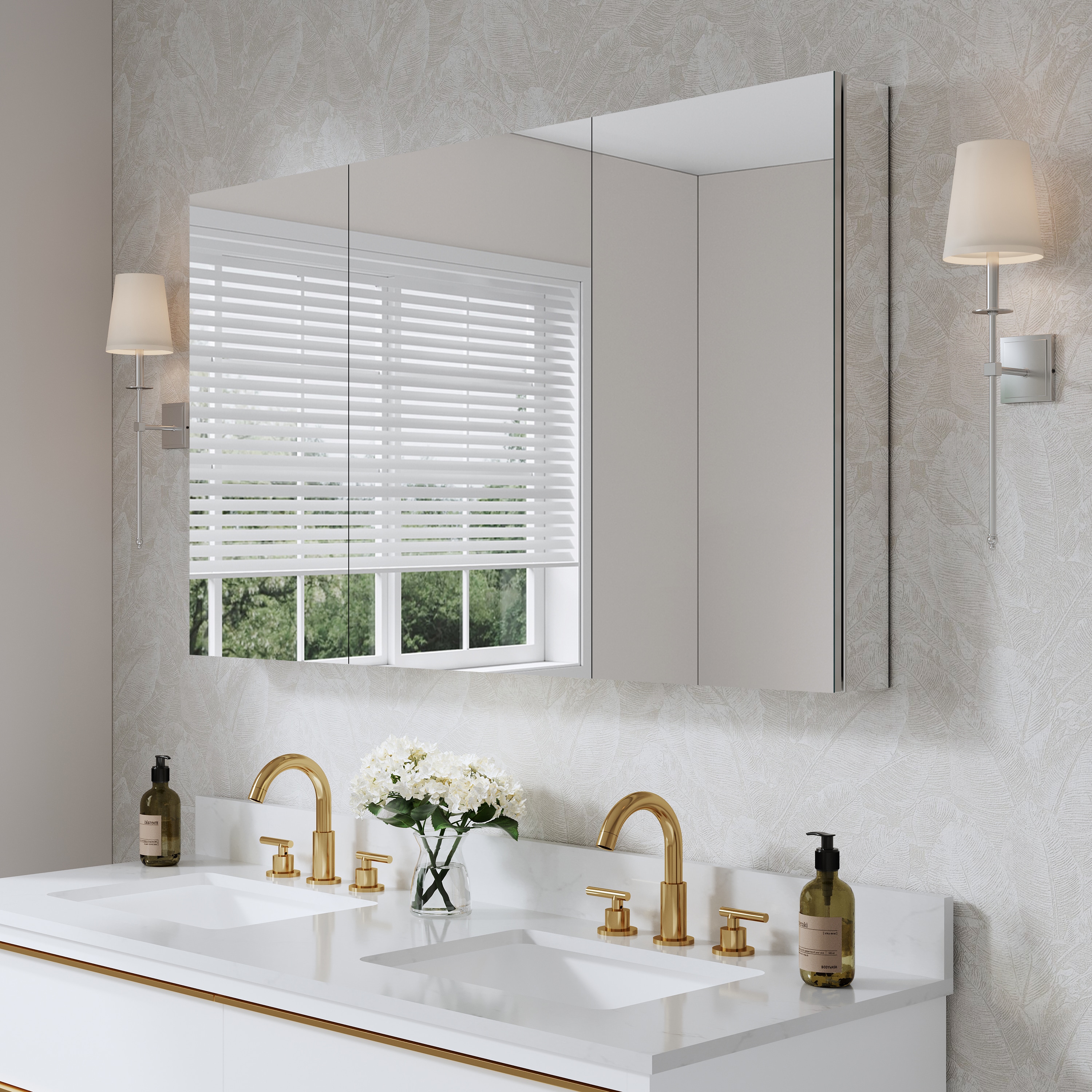 WELLFOR EXM-7236JTFL GRACE Solid Wood 48-in x 32-in Recessed Mount White Mirrored Rectangle Soft Close Medicine Cabinet