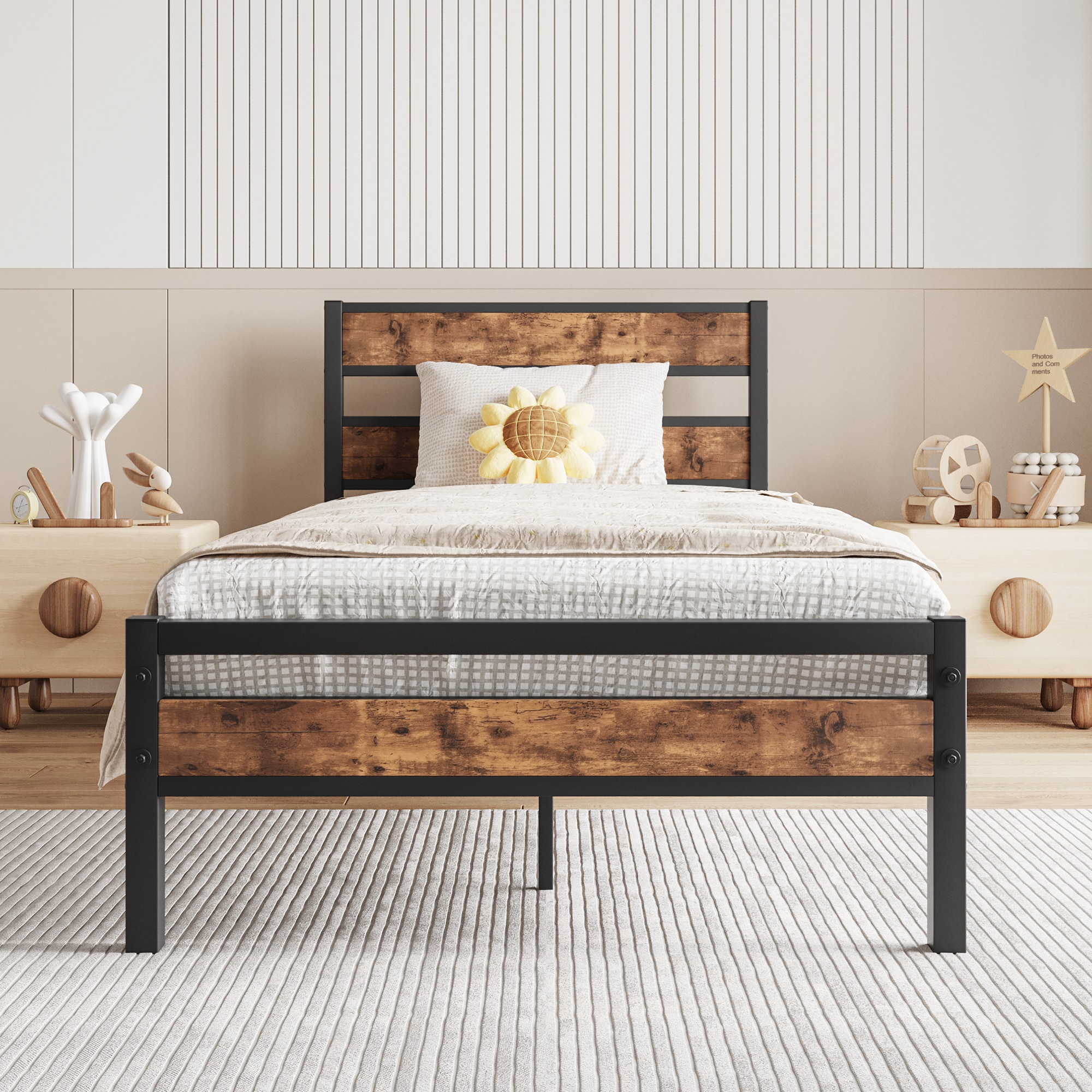 Twin Size Platform Bed Frame Rustic Vintage Wood Headboard Metal Slats No Box Spring
