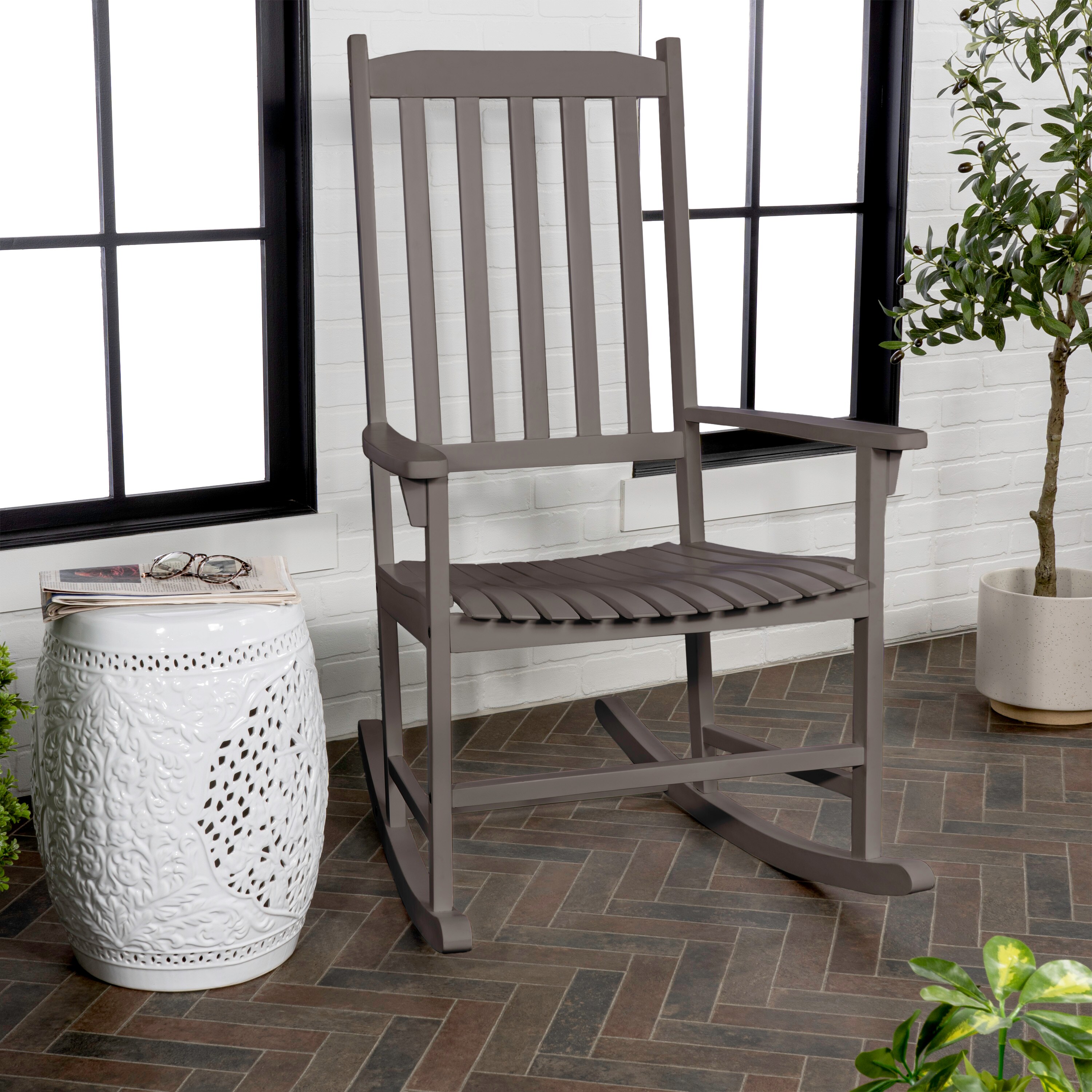 Gray Acacia Wood Windsor Slat-Back Rocking Chair