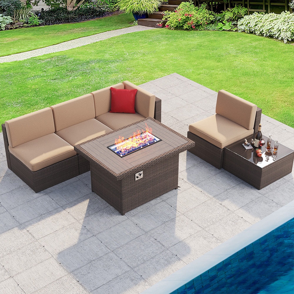 AOXUN Patio Furniture Set With Fire Pit Table 6-Piece Woven Patio ...