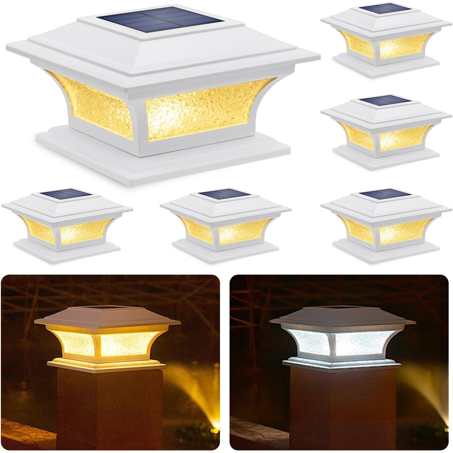 HEKCUIX  White Solar Post Cap Lights with Textured Pebbled Glass for 4x4 5x5 6x6 Wood and Vinyl Posts 6 Pack Warm White and Cool White Modes