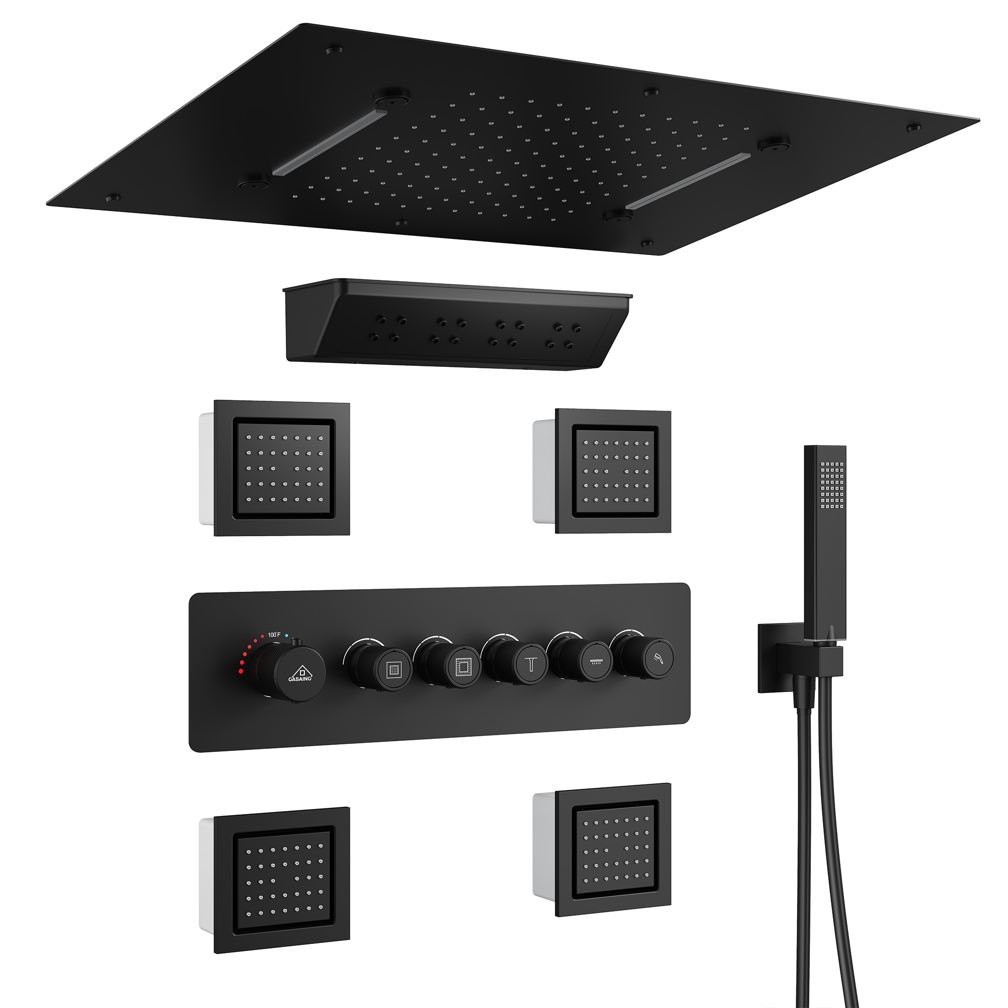 CASAINC KCHS0025-MB Matte Black 15.7-in Waterfall Built-In Shower Faucet System with 4-way Diverter ( Thermostatic Valve Included )