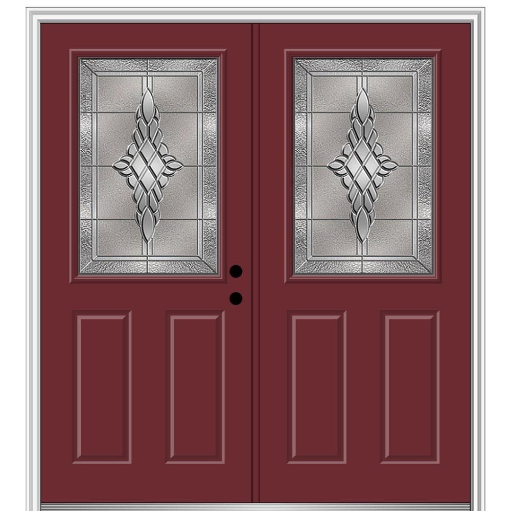 MMI DOOR ZZ366207L 72-in x 80-in x 6-9/16-in Fiberglass Half lite Left-hand inswing Burgundy Painted Prehung Double Front Door with Brickmould Insulating core