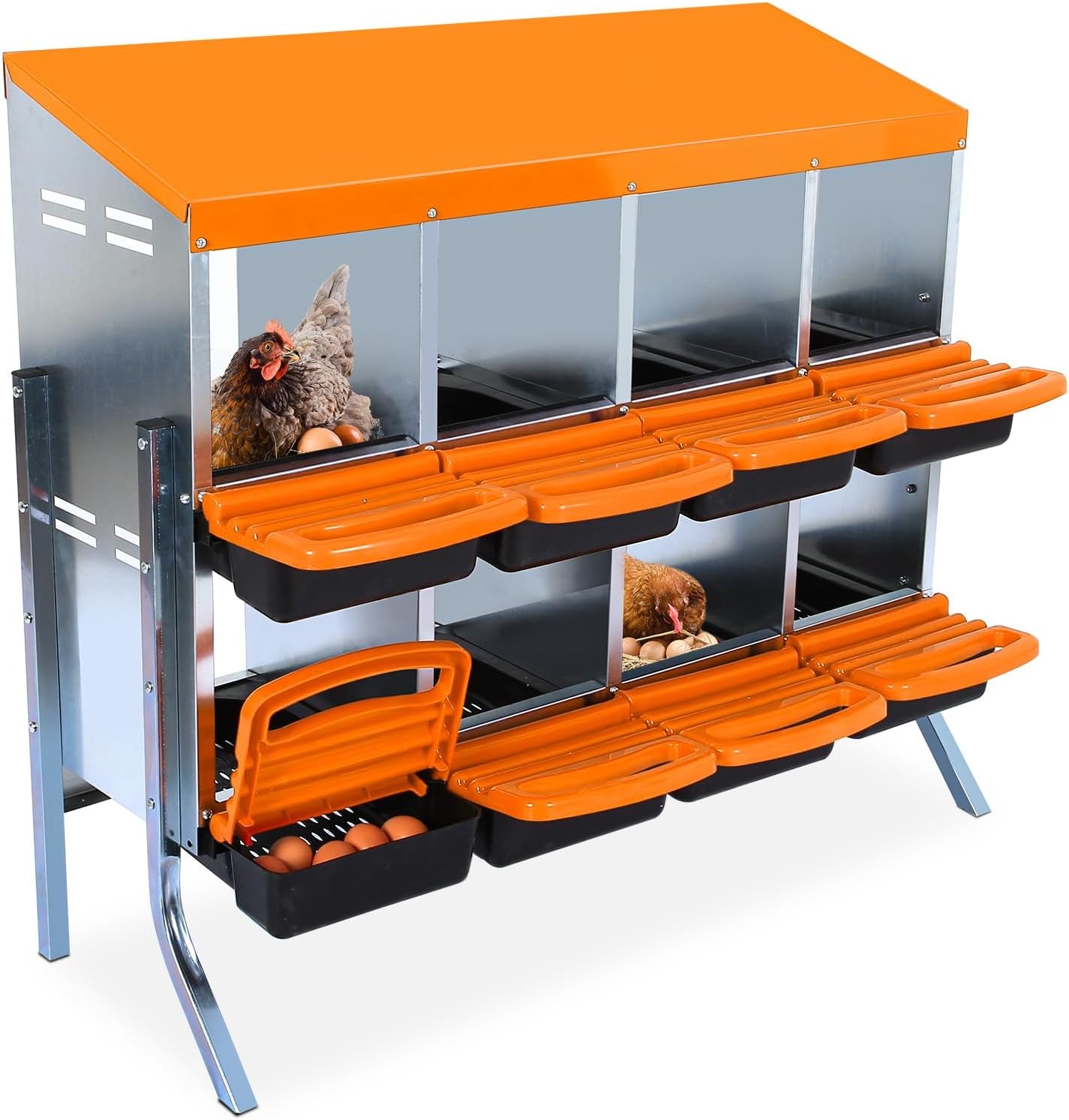 Qeetex GGL-PPG-33CXHAP8 8-Hole Orange Chicken Nesting Box Roll-Away Egg Collection System with Ventilation Holes  Rustproof Plastic Tray Keyhole Mounting  Chicken Laying Box for Hen or Duck