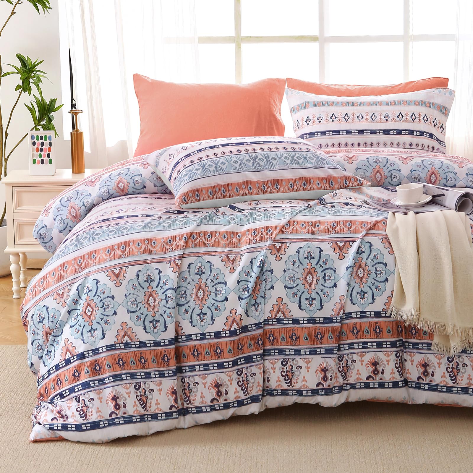 OMOMMD Boho Pink Flower Queen 88x88 in 7 Piece Sage Green Reversible Botanical Floral Ultra Soft Breathable Microfiber Bed In A Bag Comforter Set #5749848217649