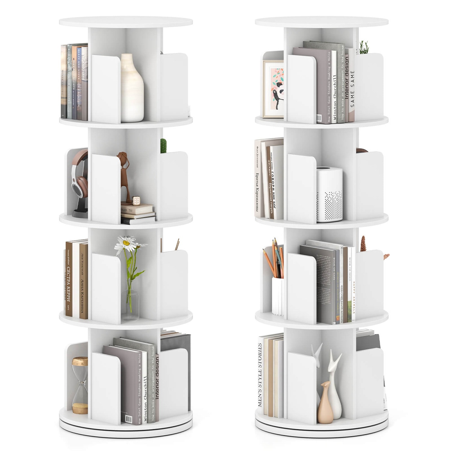 2 PCS 4-Tier Rotating Bookshelf 360° Display Rack Dividers and Anti-falling Baffles White
