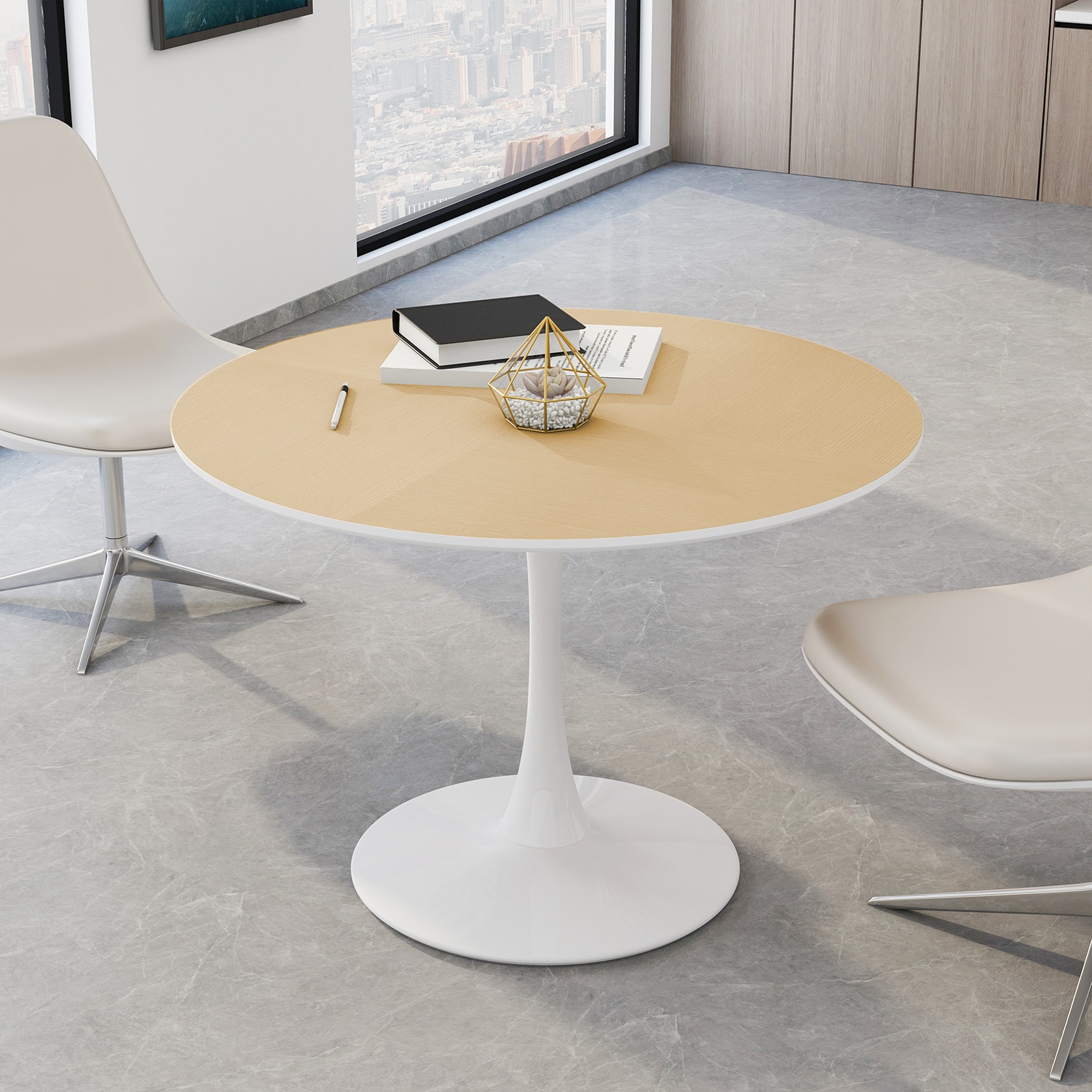 SINOFURN SYA010184WT Brown Round Country Dining Table, MDF with Metal Metal Pedestal Base 42.1-Inches L x 29.3-Inches H