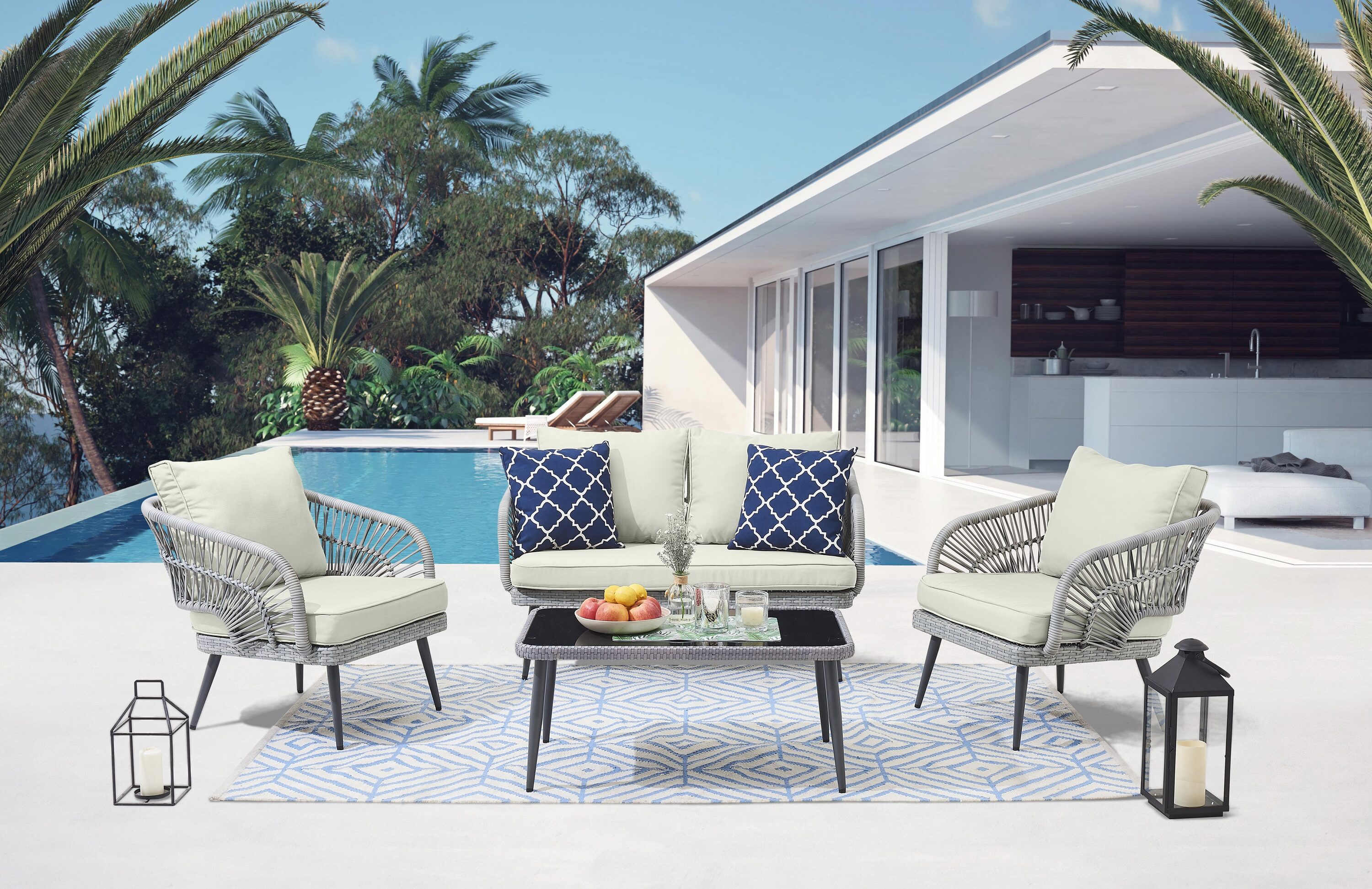 Manhattan Comfort OD-CV016-CR 4 -Piece Wicker Patio Conversation Set with Off-white Cushions