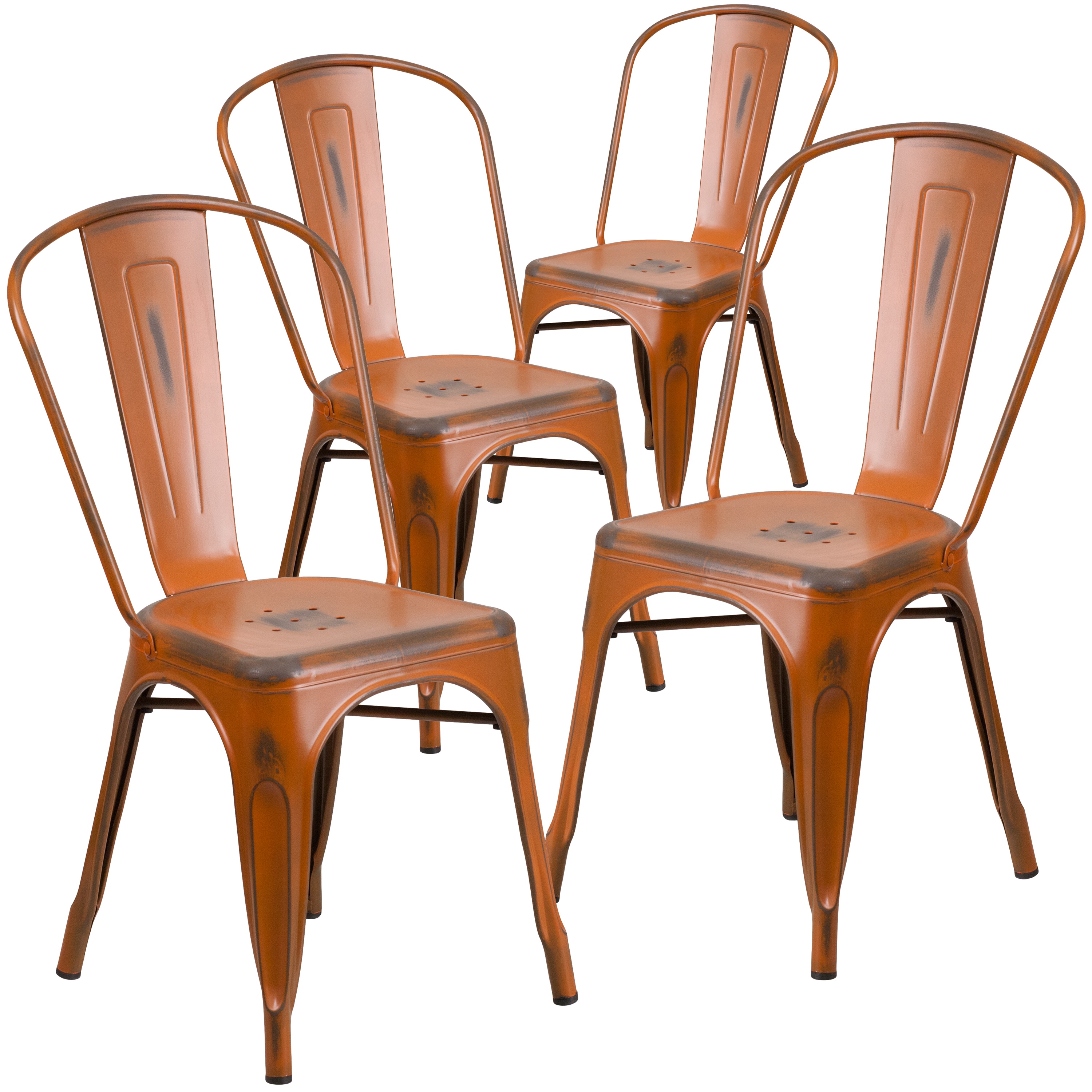 Flash Furniture 889142044000 Blake Commercial Grade 4 Pack Distressed Orange Metal Indoor-Outdoor Stackable Chair