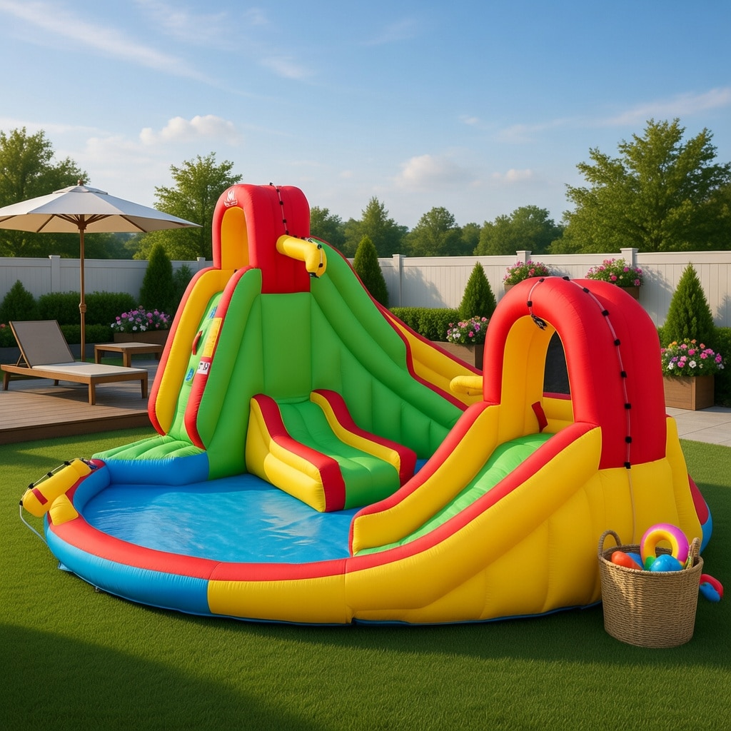 VERYKE Kids Inflatable Water Park Slide with Climbing Wall Splash Pool and Basketball Rim Oxford Cloth Bounce House for Ages 3 10 No Blower Included
