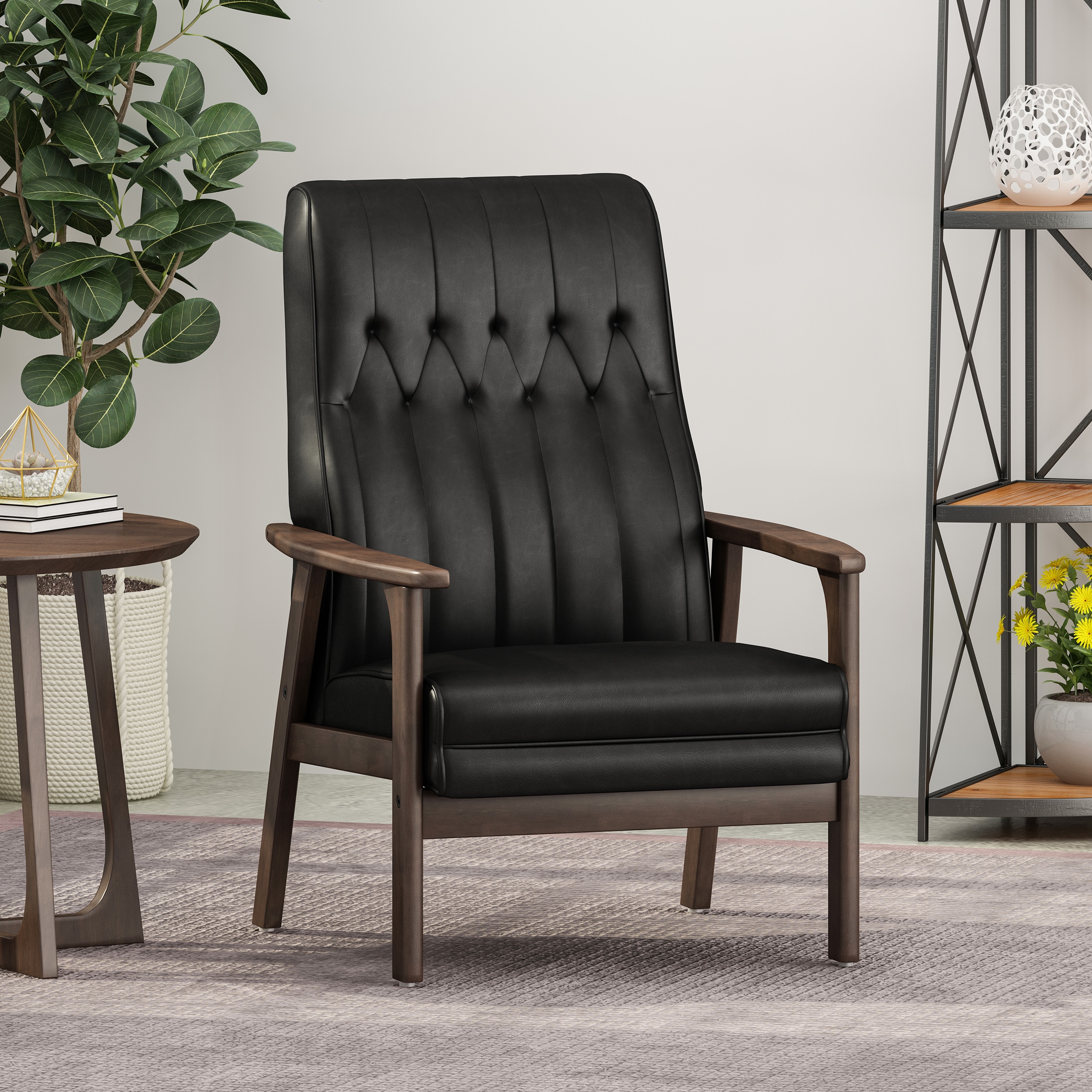 Matte Black Faux Leather and Wood Mid-Century Modern Accent Chair