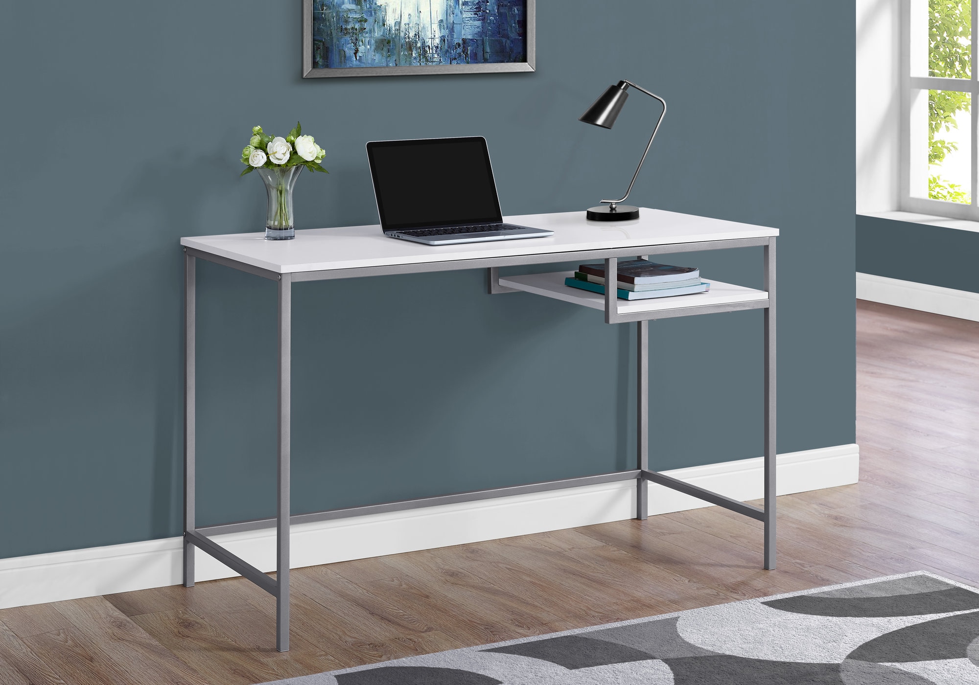 Simplicity Style Computer Desk, Rectangular Desk with 3-Open Cubbies, Home Office Console Table, Computer Workstation for Home - White