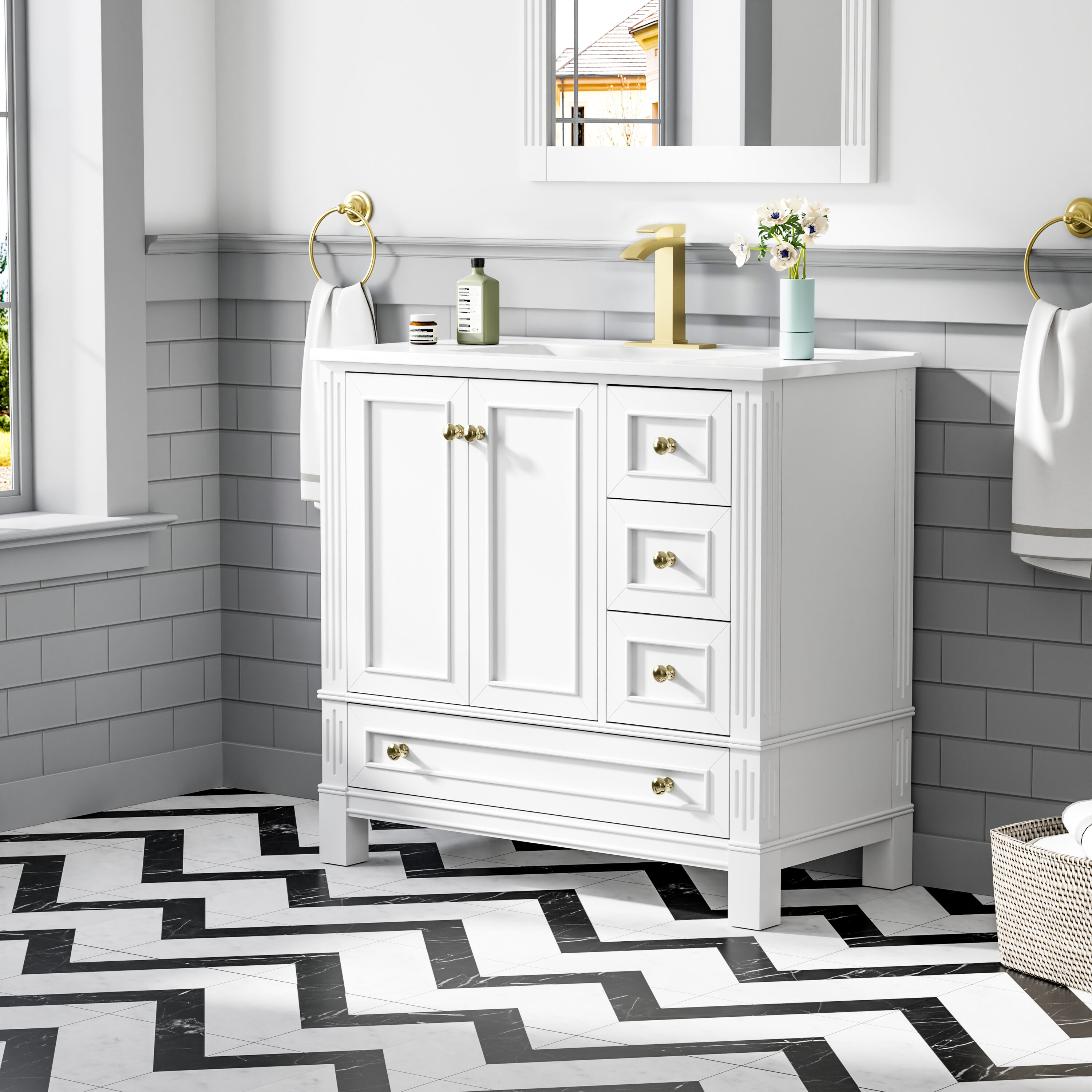 WELLFOR DURA Solid Wood Bathroom Vanities with Top 36-in White Single Sink Bathroom Vanity with Pure White Ceramic Top