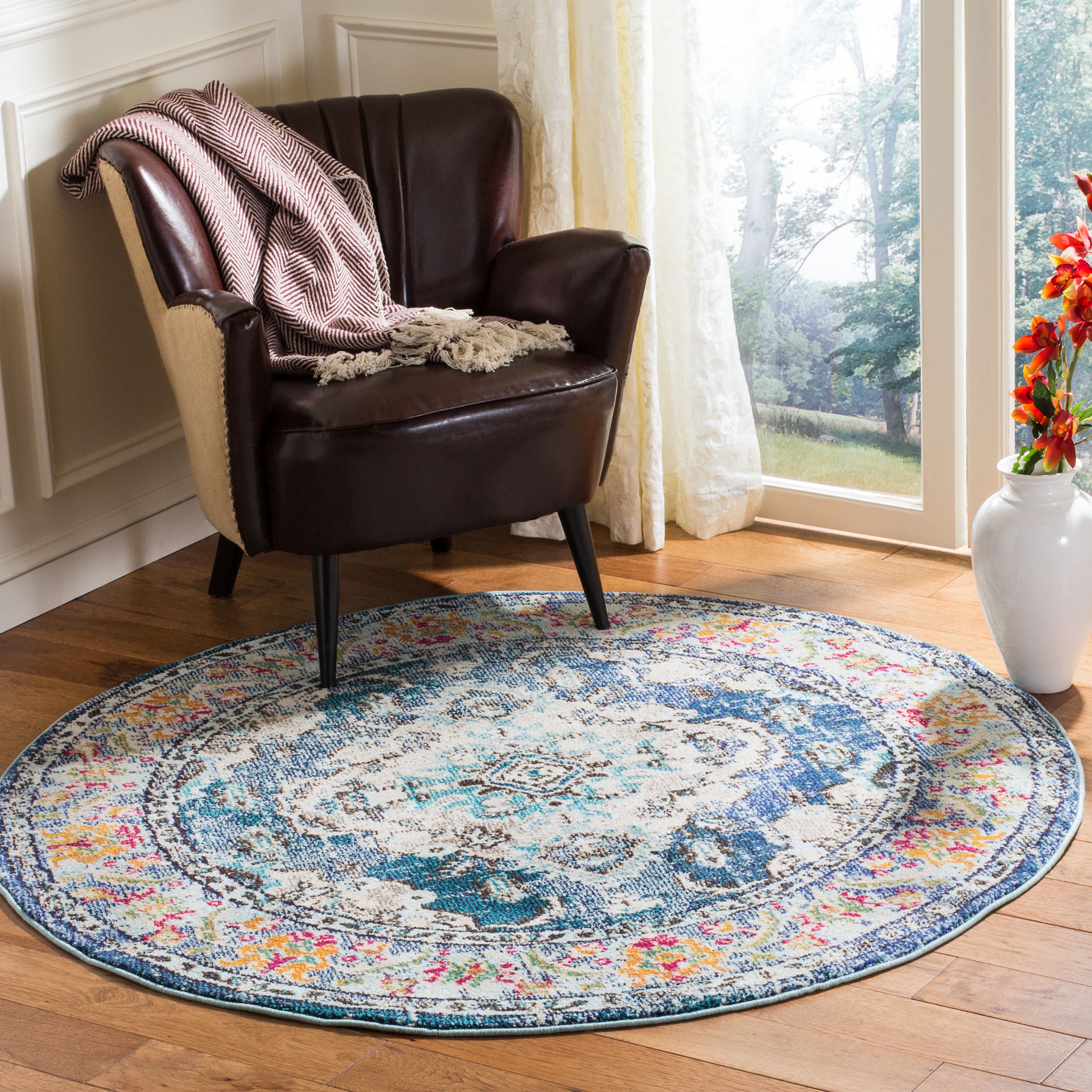 Safavieh MNC243N-4R Monaco Mahal 4 x 4 (ft) Loomed Polypropylene Navy/Light Blue Round Indoor Distressed/Overdyed Oriental Area rug