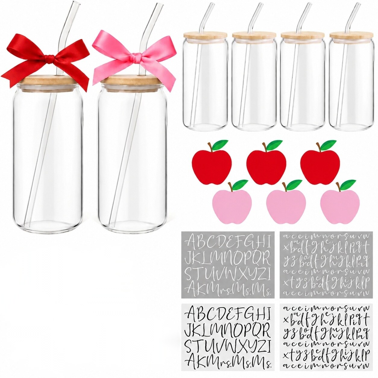 Aoibox  6 Pack 16 oz Clear Glass Cups with Bamboo Lids Glass Straws and DIY Apple Sticker Sheets for Gifting