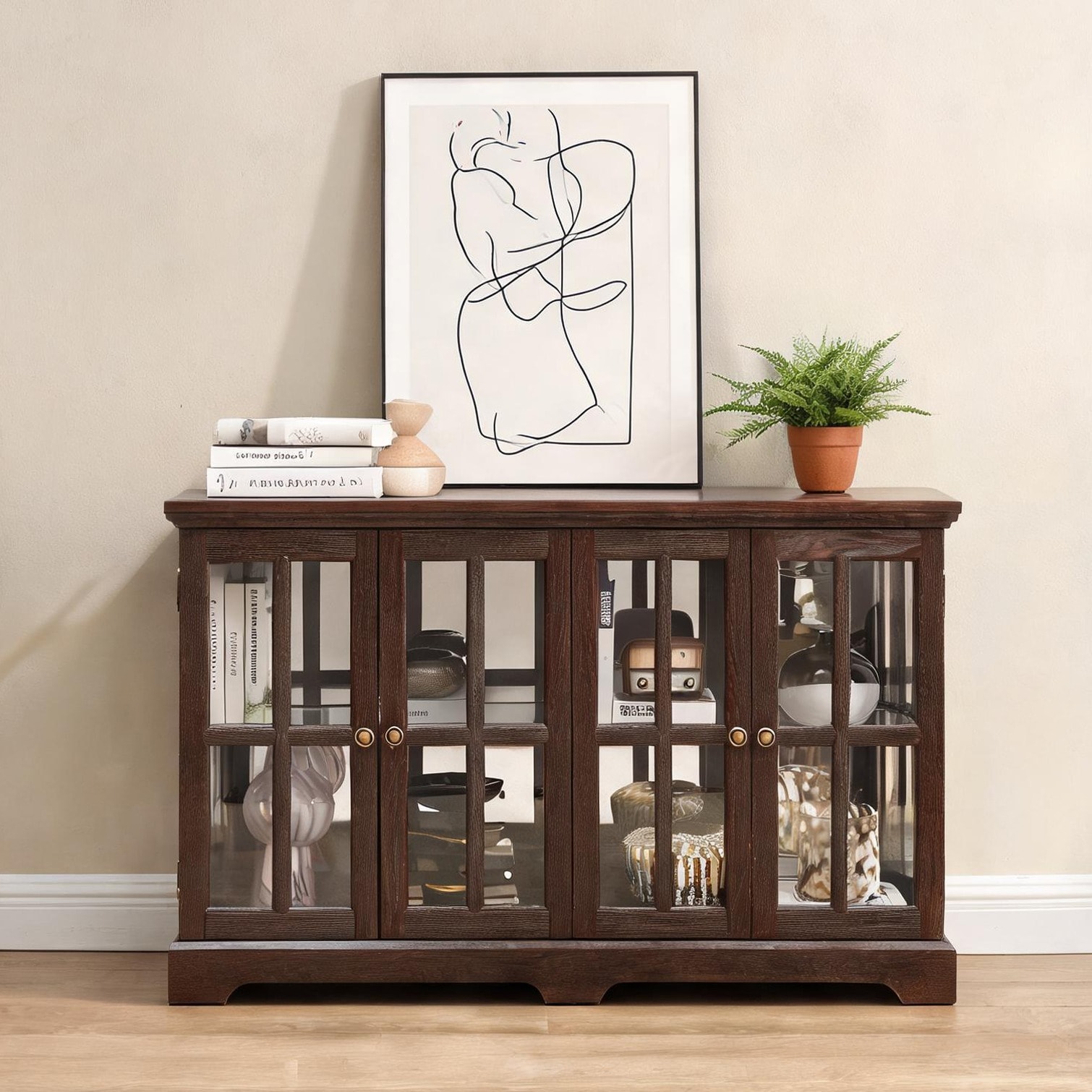 SUNCREAT Living Room Antique Curio Display Cabinet with LED Lighting and Adjustable Shelves Cherry