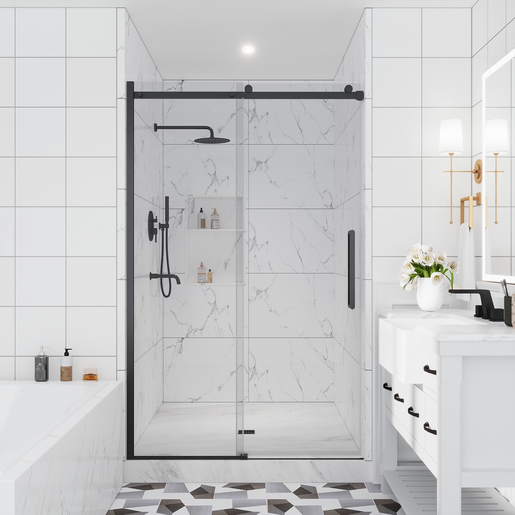 CASAINC SL-TL-D76 Matte black 44-in to 48-in W x 76-in H Frameless Clear Glass Sliding Shower door