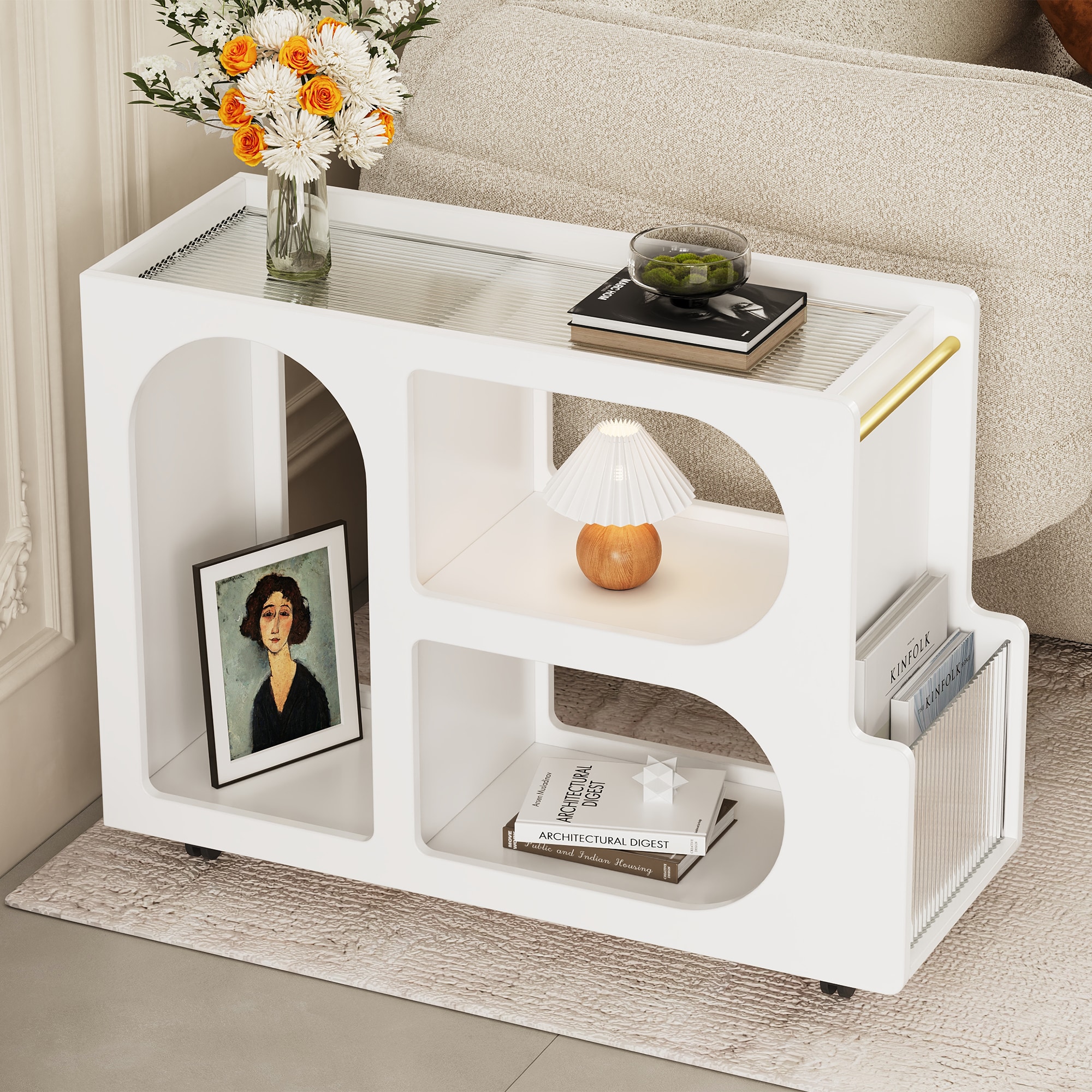 ModernLuxe N721P179241K Mobile End Table with Lockable Wheels Narrow Coffee Table with 5mm Thick Fluted Tempered Glass Modern Nightstand with Golden Round Rod Living Room White