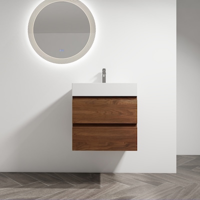 Vanityfus 24 Inch Floating Wall-Mounted Bathroom Vanity with White Resin Sink Soft-Close Cabinet Drawers