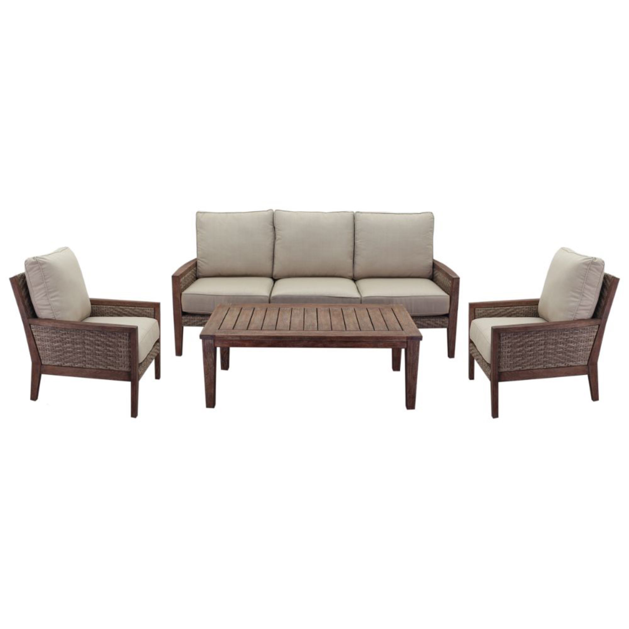 Courtyard Casual Bermuda FSC Teak 4 Piece Seating Set with Sofa, Coffee Table and 2 Club Chairs - Taupe